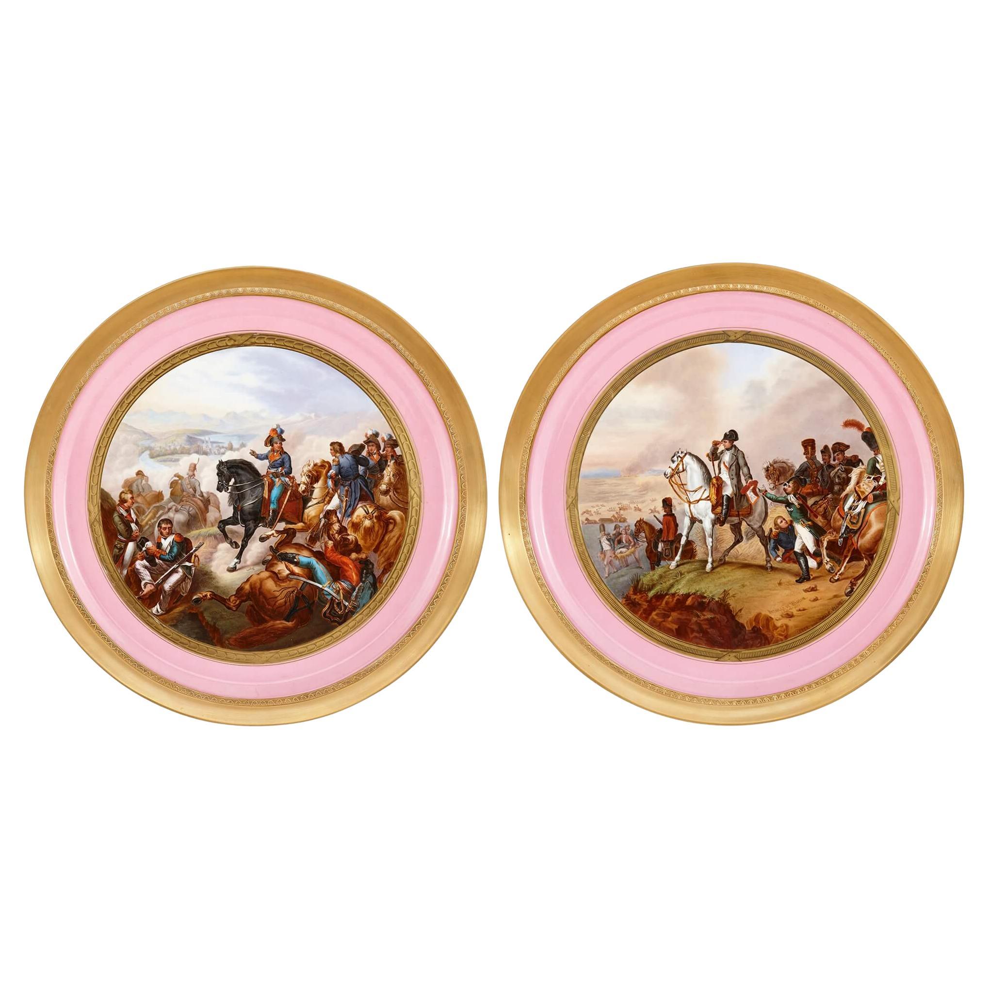 Large Pair of Sevres Style Napoleonic Painted Porcelain Chargers For Sale