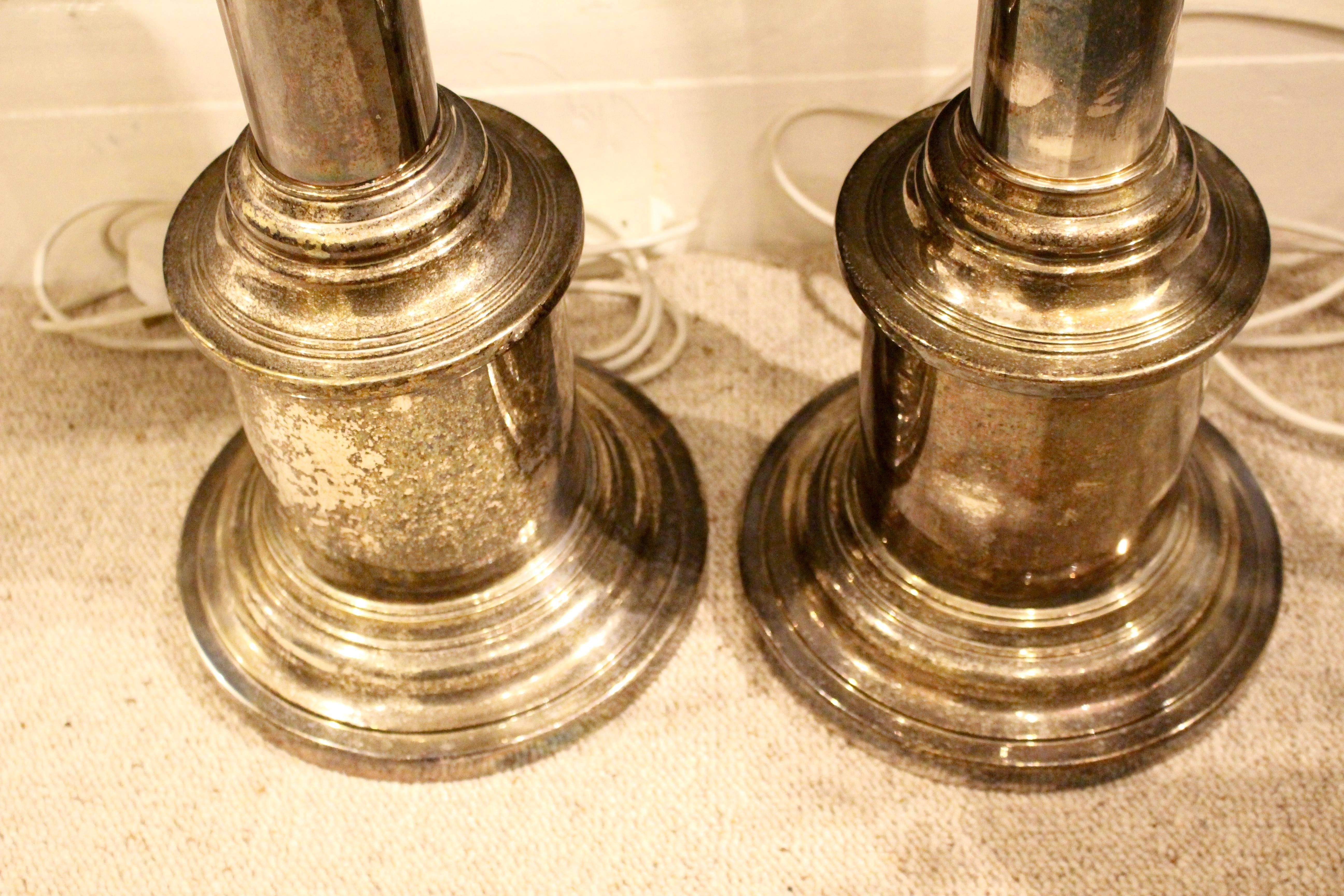 Mid-20th Century Large Pair of Silver Plate Column Table Lamps