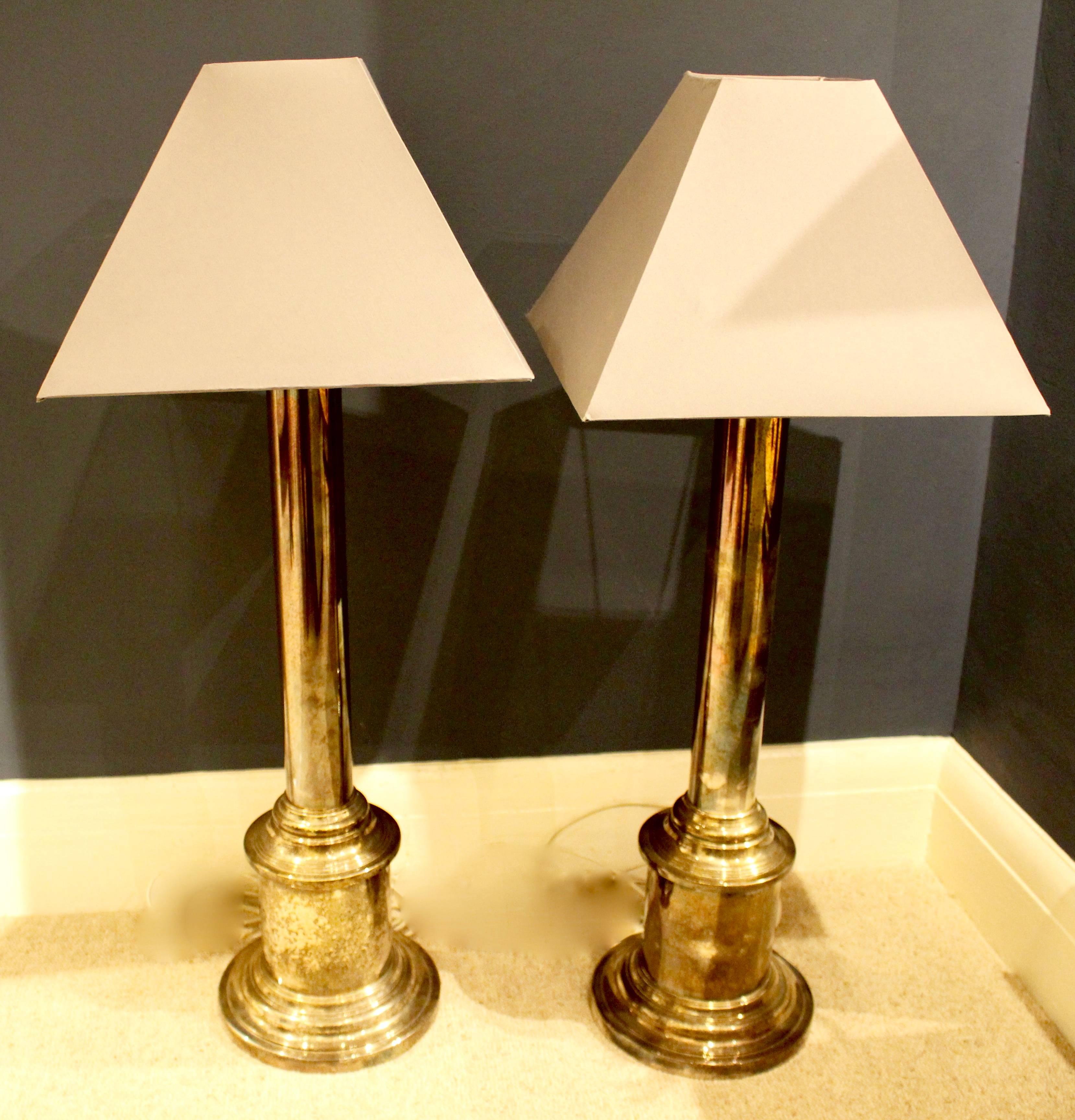 Large Pair of Silver Plate Column Table Lamps 2