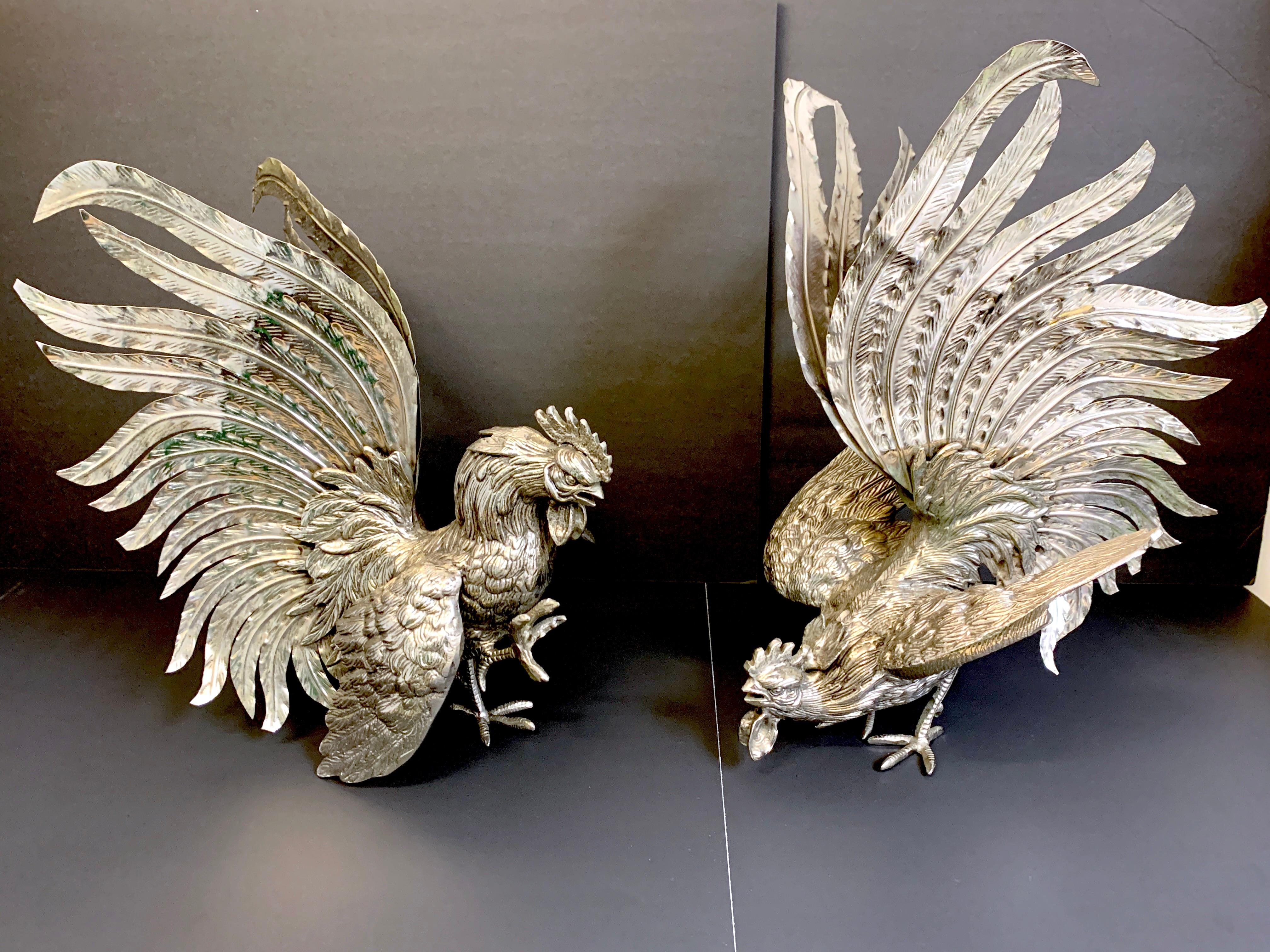 A large pair of silver plated fighting cockerel ornaments, each one a substantial rendition realistically cast and modeled. These are a most impressive pair of silver plated sculptures. Unmarked
Foot up- 16-inches high x 14.5 -inches wide x