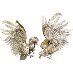 Large Pair of Silver Plated Fighting Cockerel Ornaments