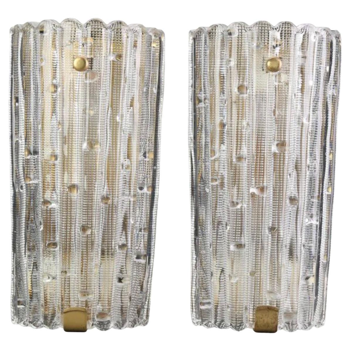 A large pair of Swedish 1960s Orrefors glass wall sconces by Carl Fagerlund For Sale