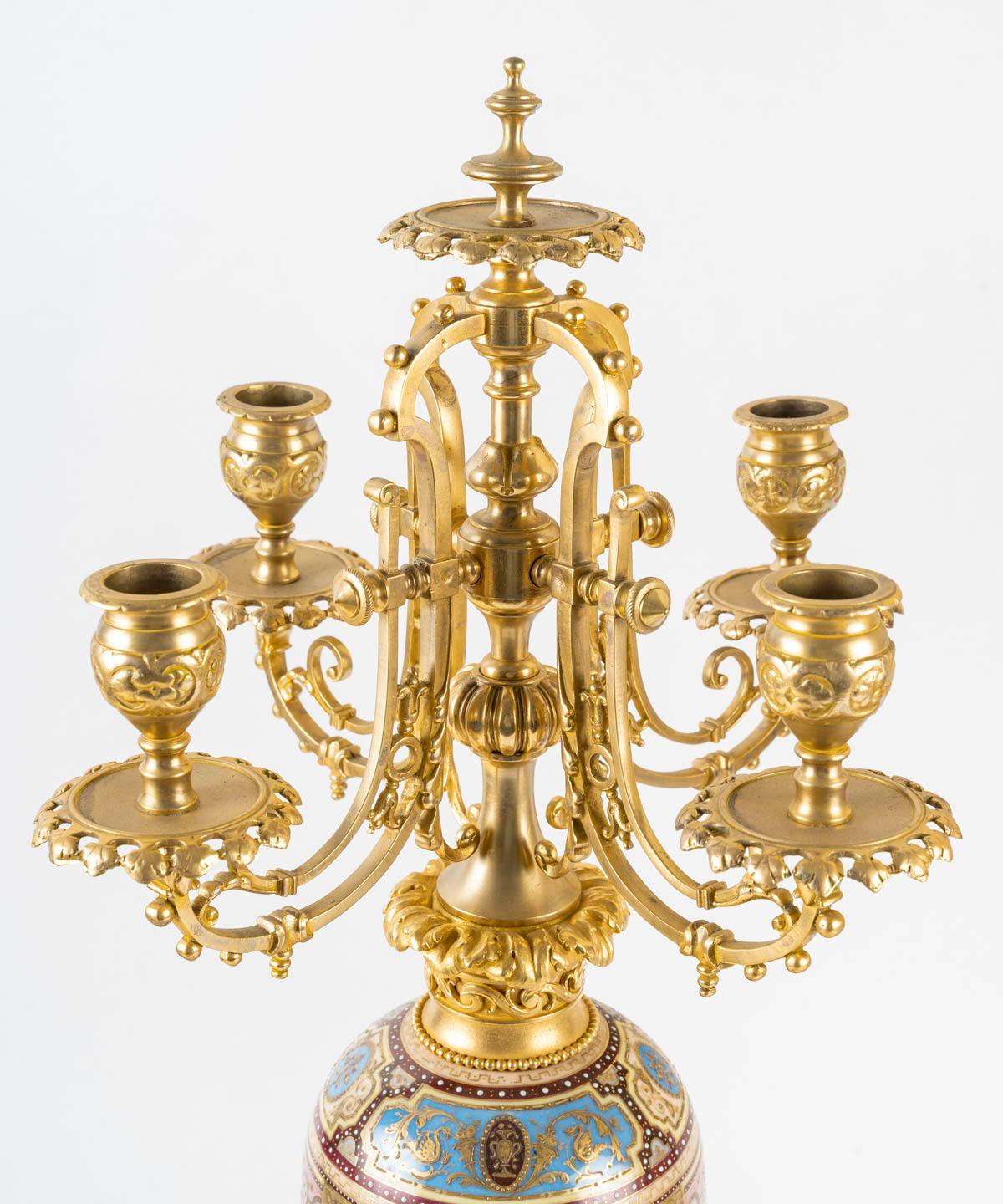 A Large Pair of Vienna Porcelain and Gilt Bronze Candelabras, 19th Century. For Sale 1