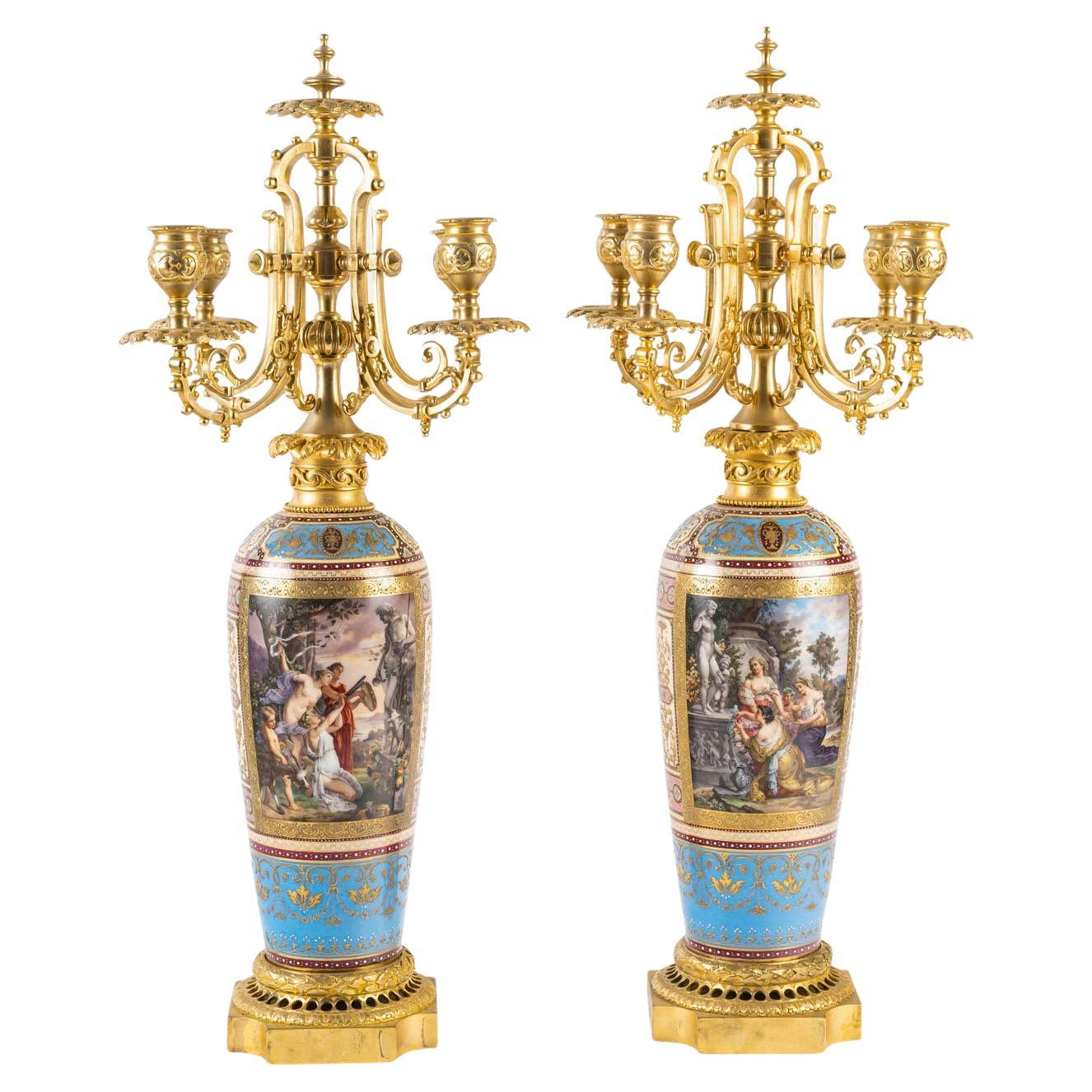 A Large Pair of Vienna Porcelain and Gilt Bronze Candelabras, 19th Century. For Sale