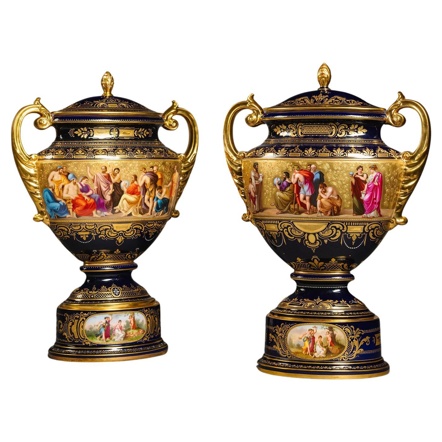A Large Pair of Vienna Style Porcelain Vases