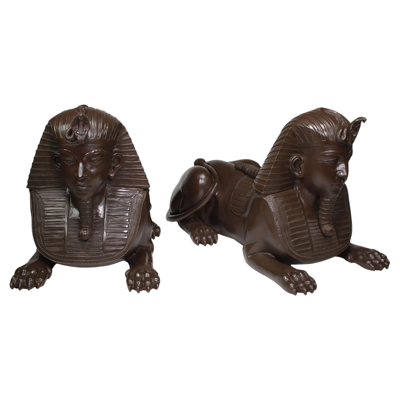 A Large Pair of Vintage Egyptian Revival Patinated Brass Sphinxes  For Sale
