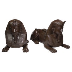 A Large Pair of Retro Egyptian Revival Patinated Brass Sphinxes 