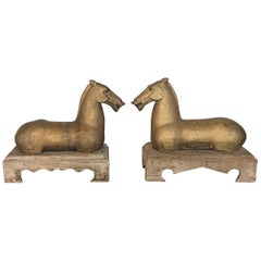 Large Pair of Wood Based Asian Style Horse Sculptures