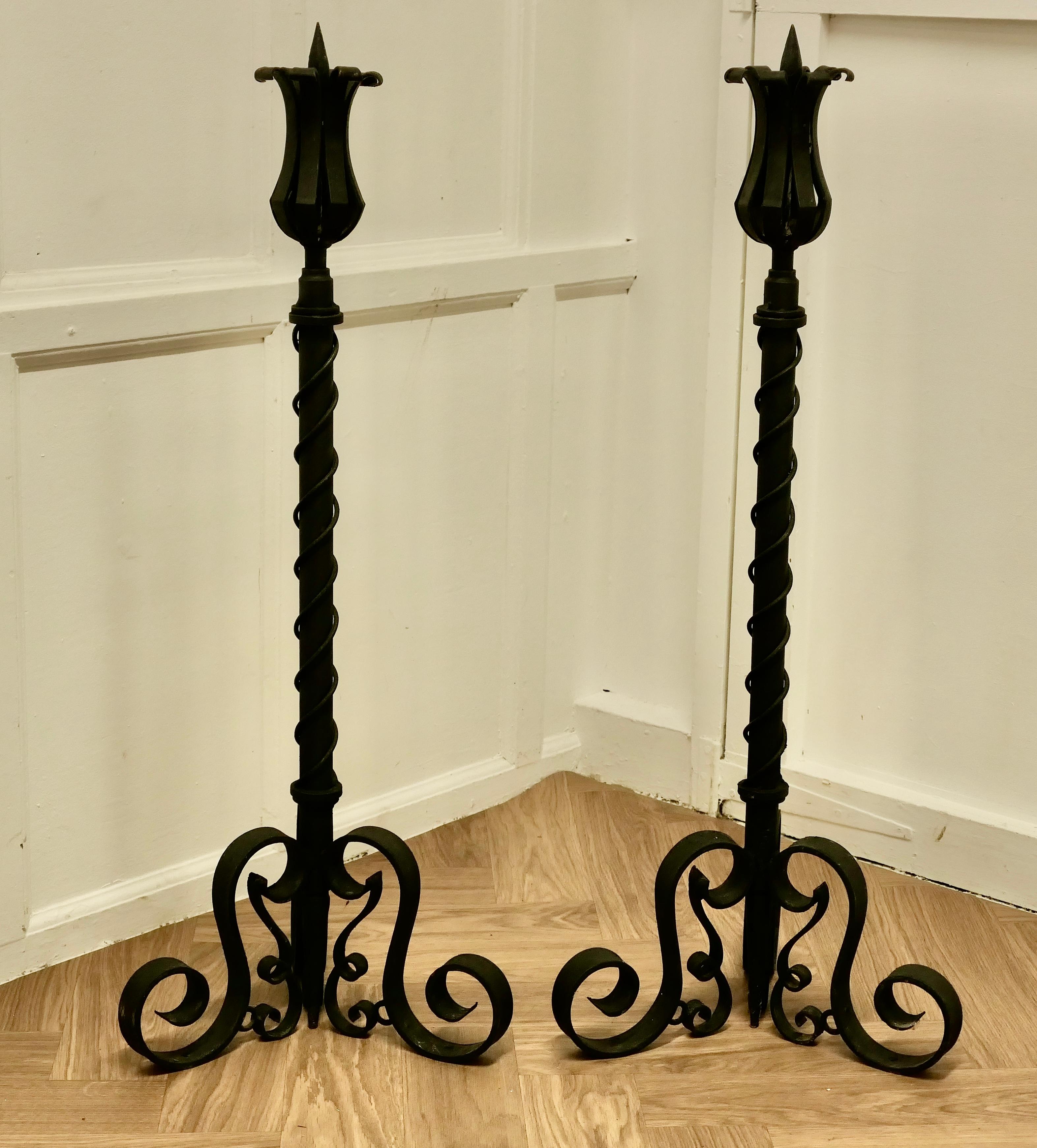 Neogotico A Large Pair of Wrought Iron Candle Sticks or Torchère  b in vendita