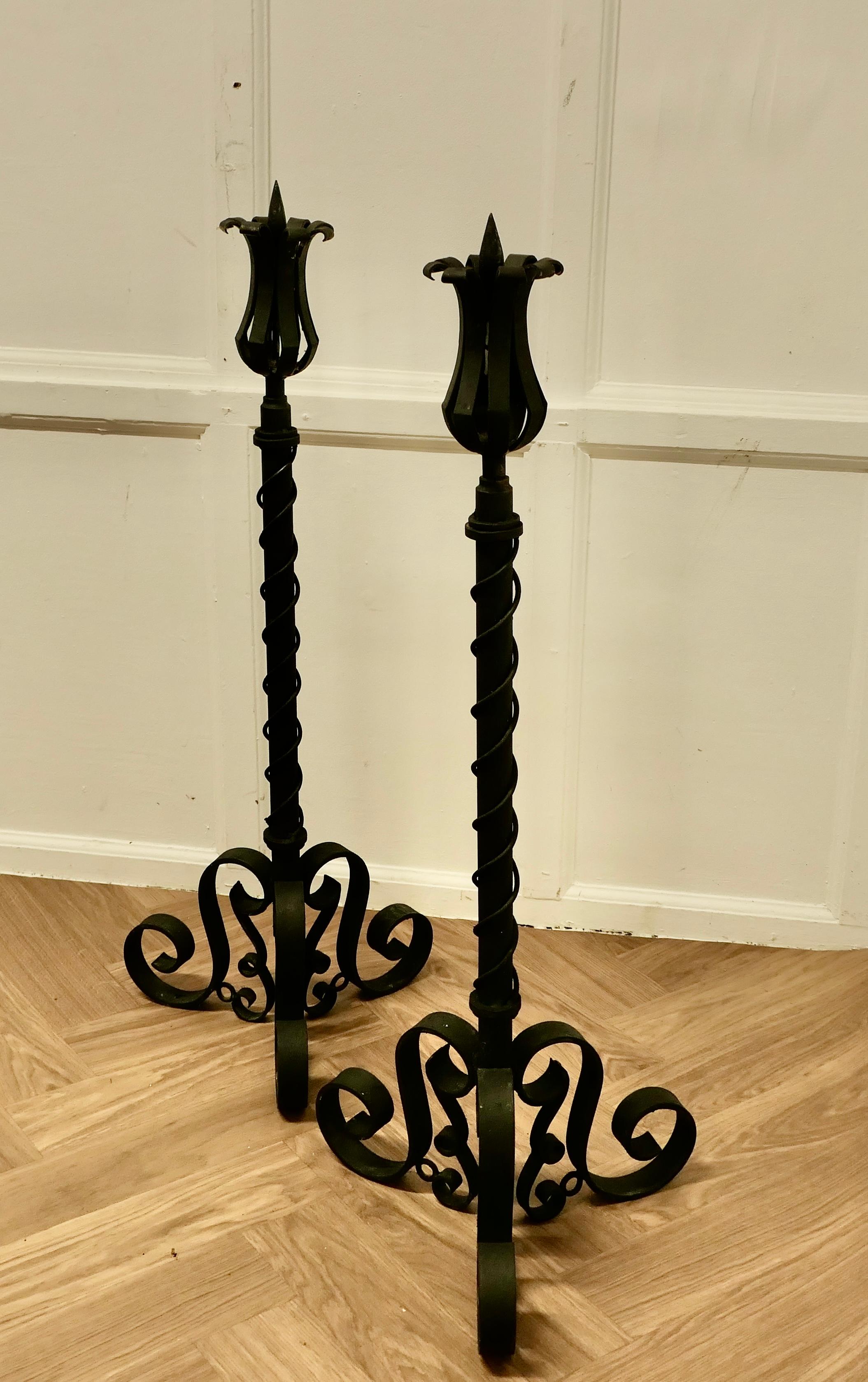 Metà XX secolo A Large Pair of Wrought Iron Candle Sticks or Torchère  b in vendita