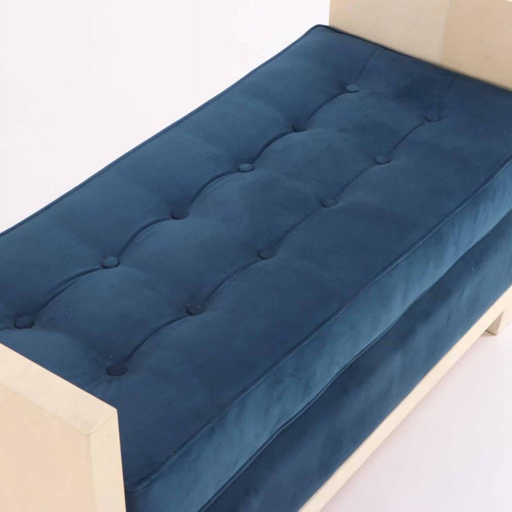 Argentine A large parchment covered upholstered bench in the manner of Jean-Michel Frank.