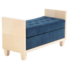 A large parchment covered upholstered bench in the manner of Jean-Michel Frank.