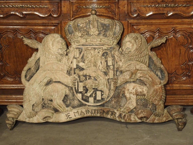 Large Partially Stripped Antique Coat of Arms Plaque, circa 1910 For