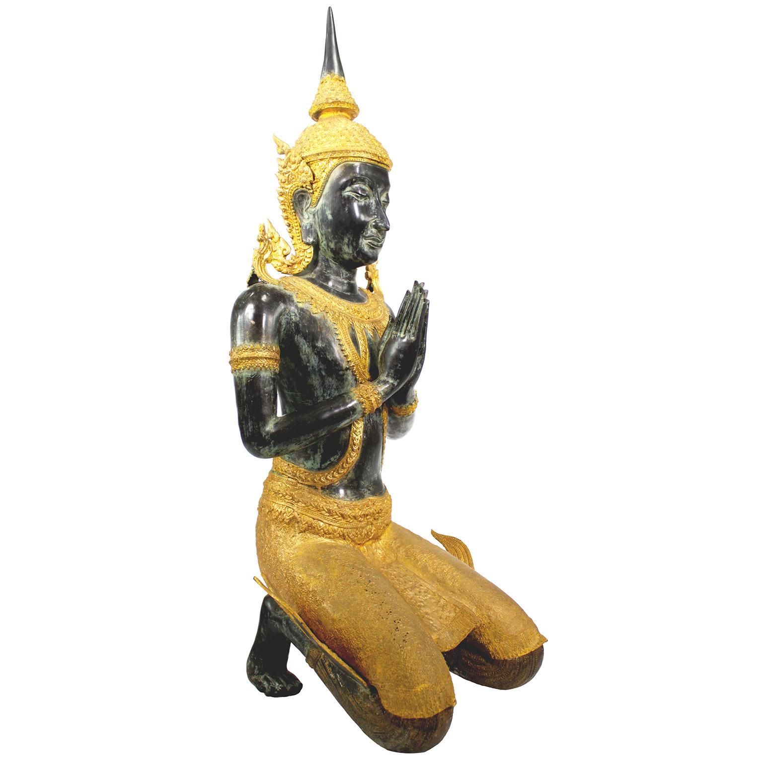 Other A Large Patinated and Parcel-Gilt-Bronze Thai Thepphanom Kneeling Angel Buddha For Sale