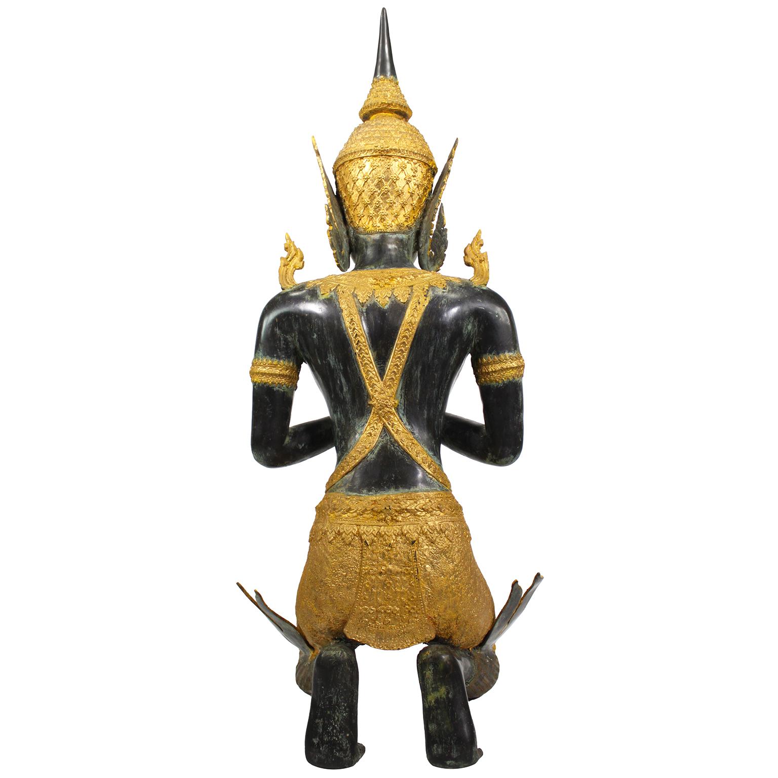 20th Century A Large Patinated and Parcel-Gilt-Bronze Thai Thepphanom Kneeling Angel Buddha For Sale