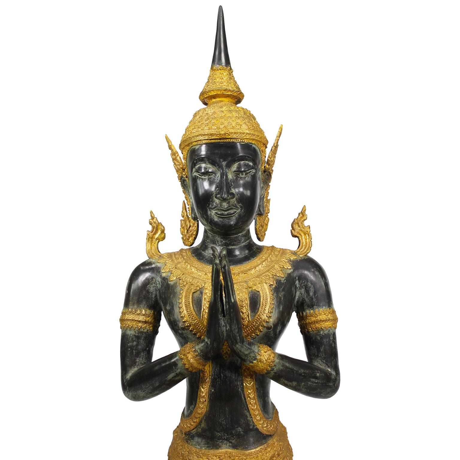 A Large Patinated and Parcel-Gilt-Bronze Thai Thepphanom Kneeling Angel Buddha For Sale 2