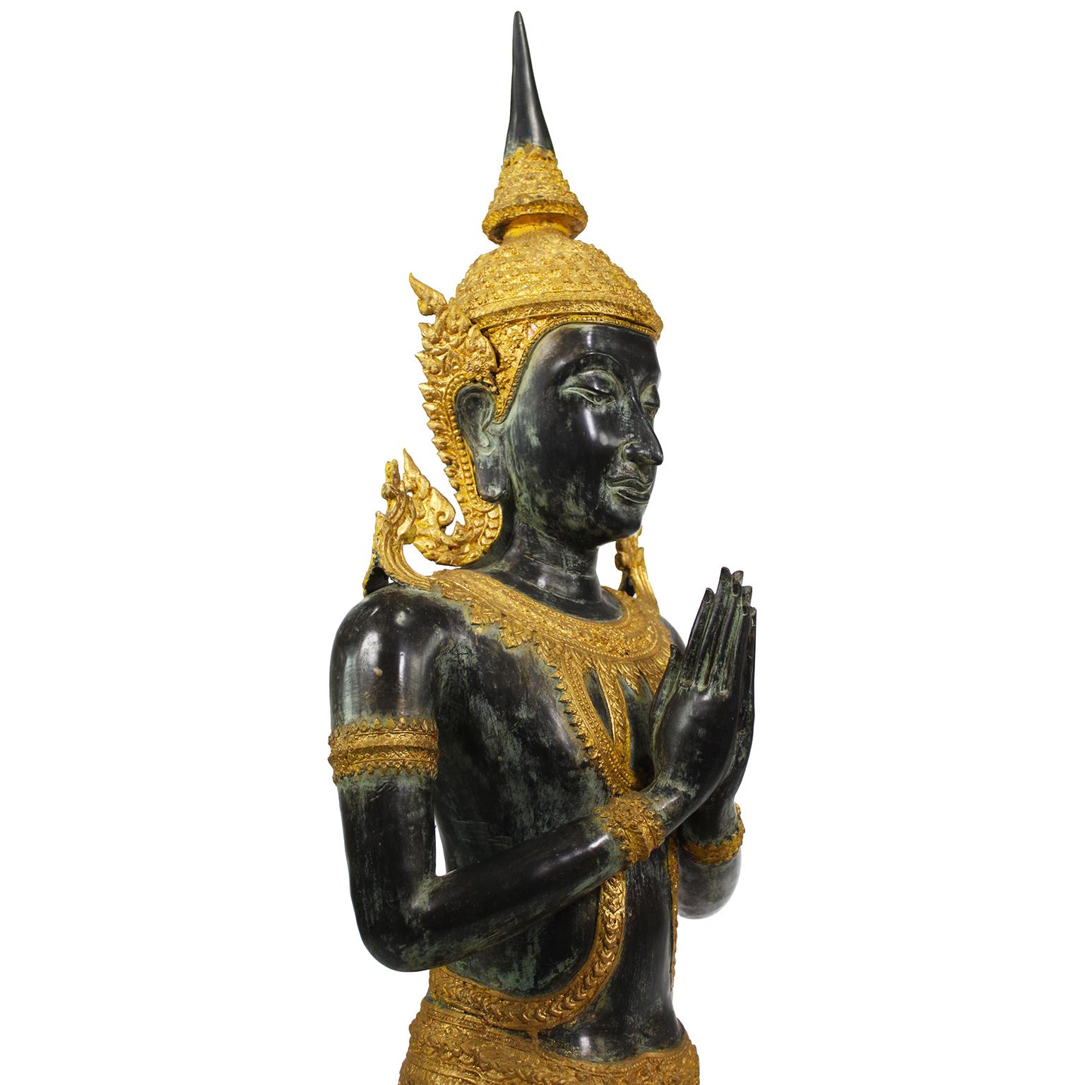 A Large Patinated and Parcel-Gilt-Bronze Thai Thepphanom Kneeling Angel Buddha For Sale 3