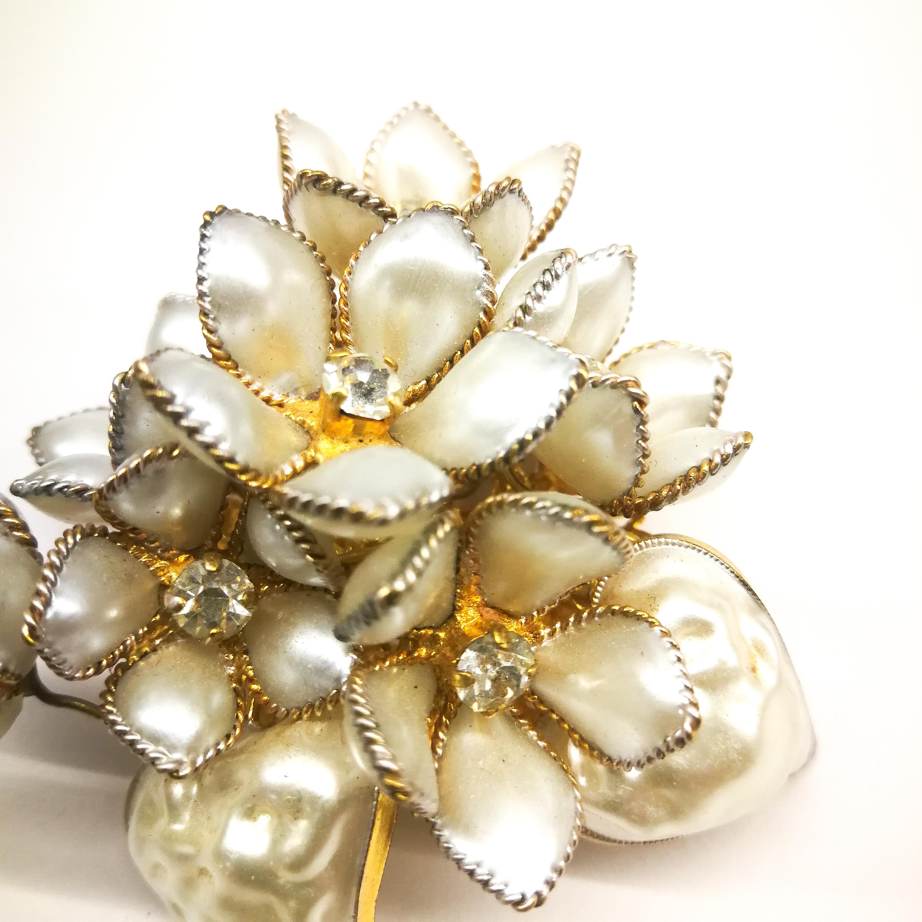 Glorious FLOWER Pearl Petals PINK Rhinestone 3D Retro Vintage BROOCH Necklace
