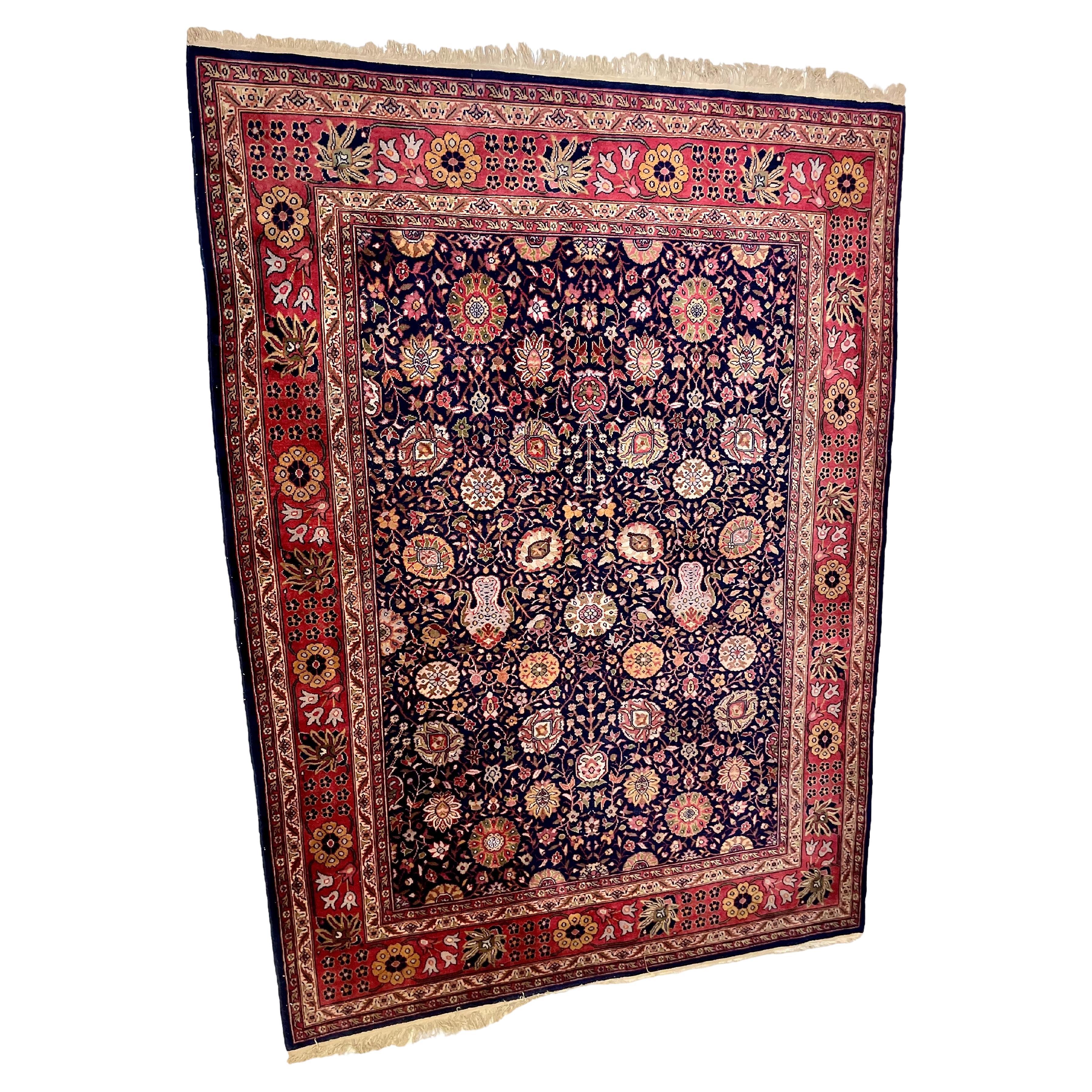 Persian Rug in Midnight Blue with Dark Red Borders  For Sale