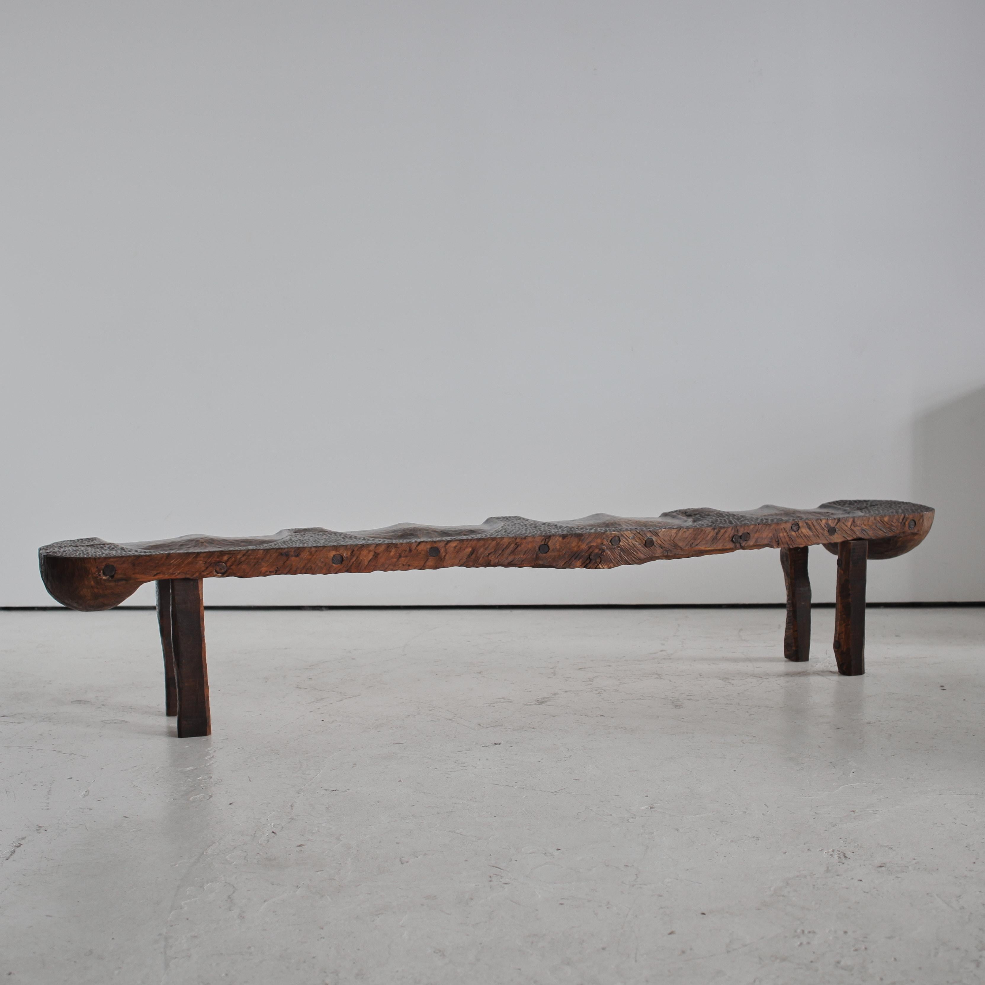 A Large Polish Brutalist Four Seater Gouged Pine Bench 4