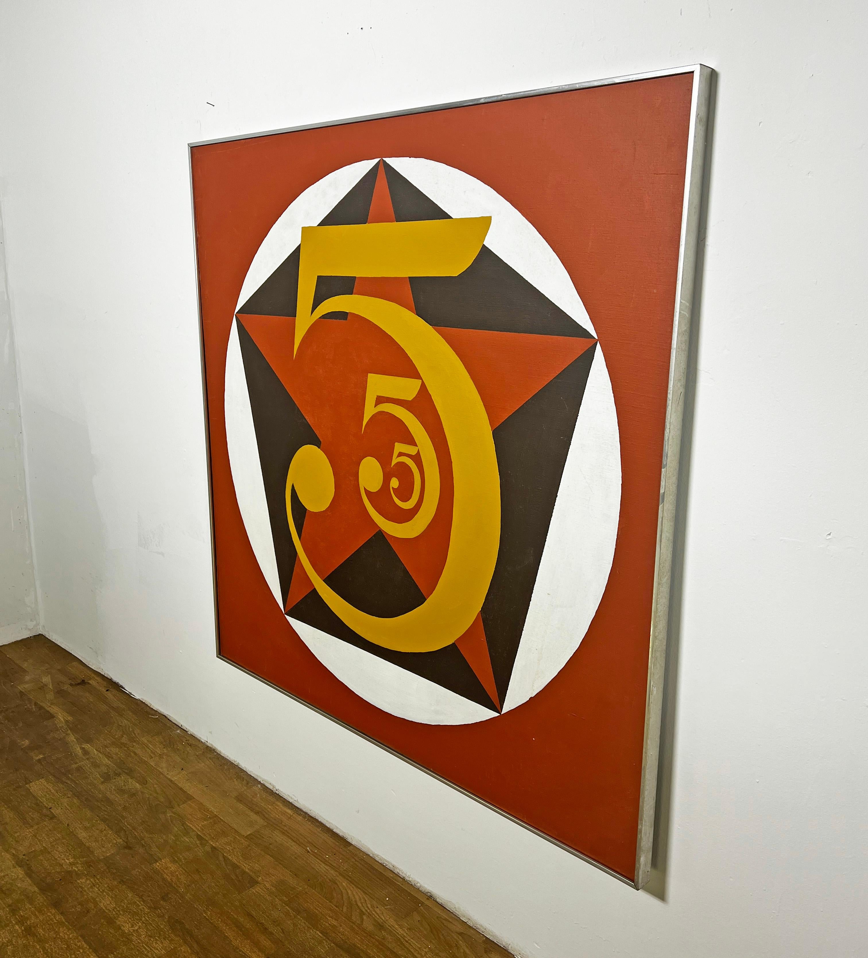 Peinture hommage au pop art d'après les Golden 5 de Robert Indiana, vers les années 1970.  Cet exemple à grande échelle a probablement été créé par un étudiant en art de la région de Boston. Il est intéressant de noter que la peinture Golden 5