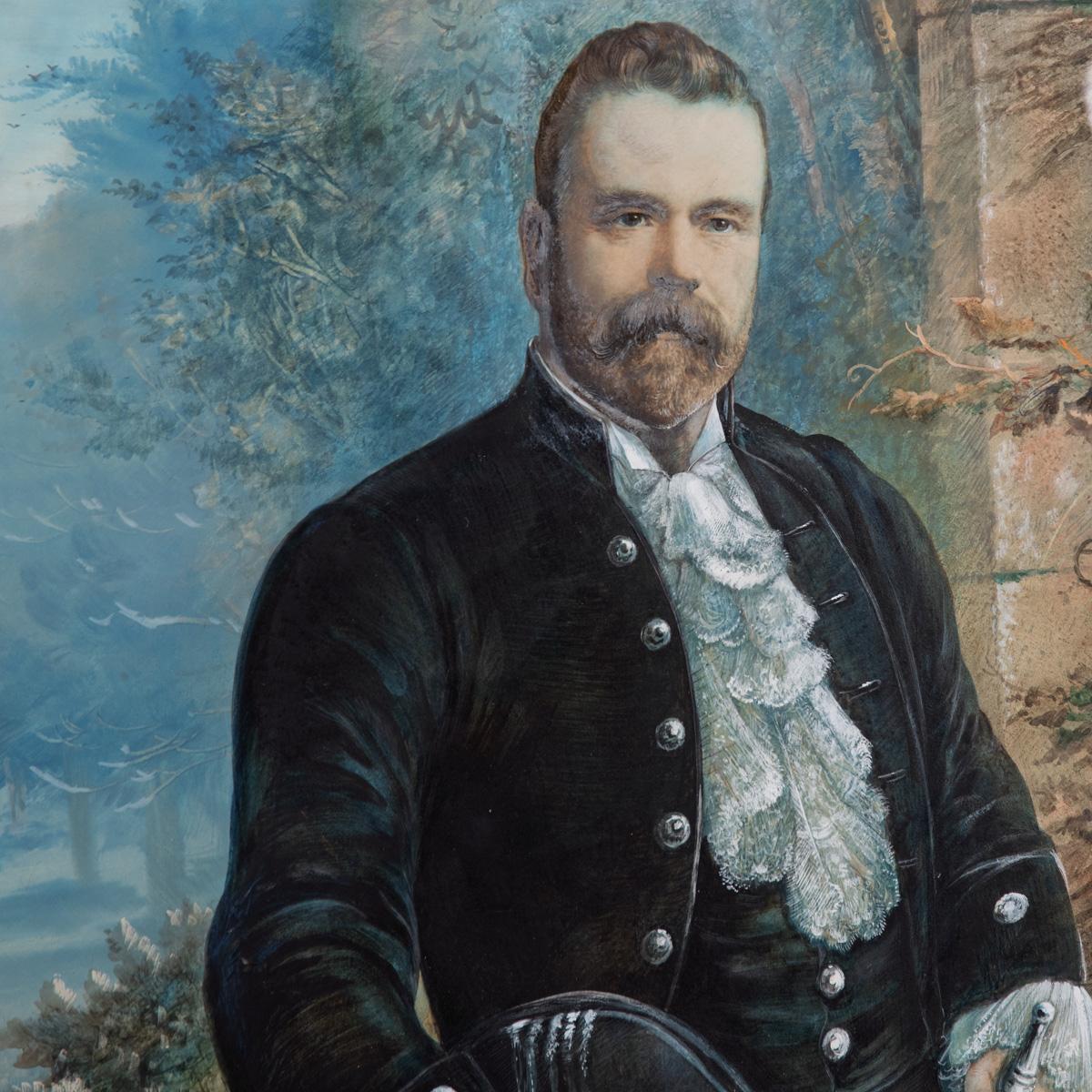 Ein großes Porträt von Provost Samuel Leckie, wie er Königin Victoria 1897 vorgestellt wurde, William A. Donnelly, 1901, Gouache und Aquarell, zeigt einen großen bärtigen Mann in schwarzem Mantel, Kniebundhosen, Strümpfen und aufwendig gerüschtem