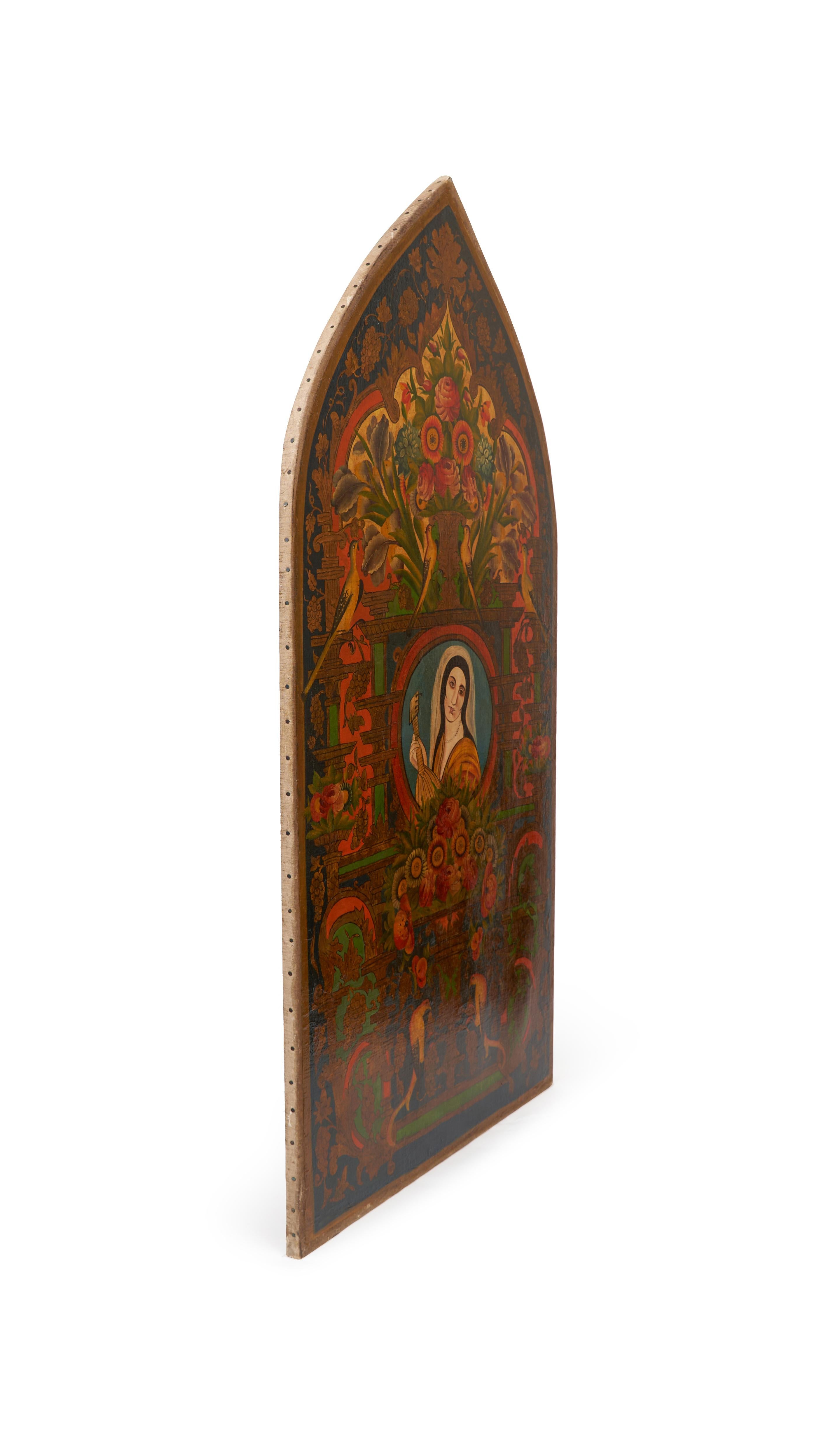 Oil on canvas, heightened in gold, large vertical panel cut in the shape of ogival arch, depicting a central portrait roundel with a Westernised Qajar maiden wearing a white veil and holding a string instrument, possibly a Persian lute (barbat),