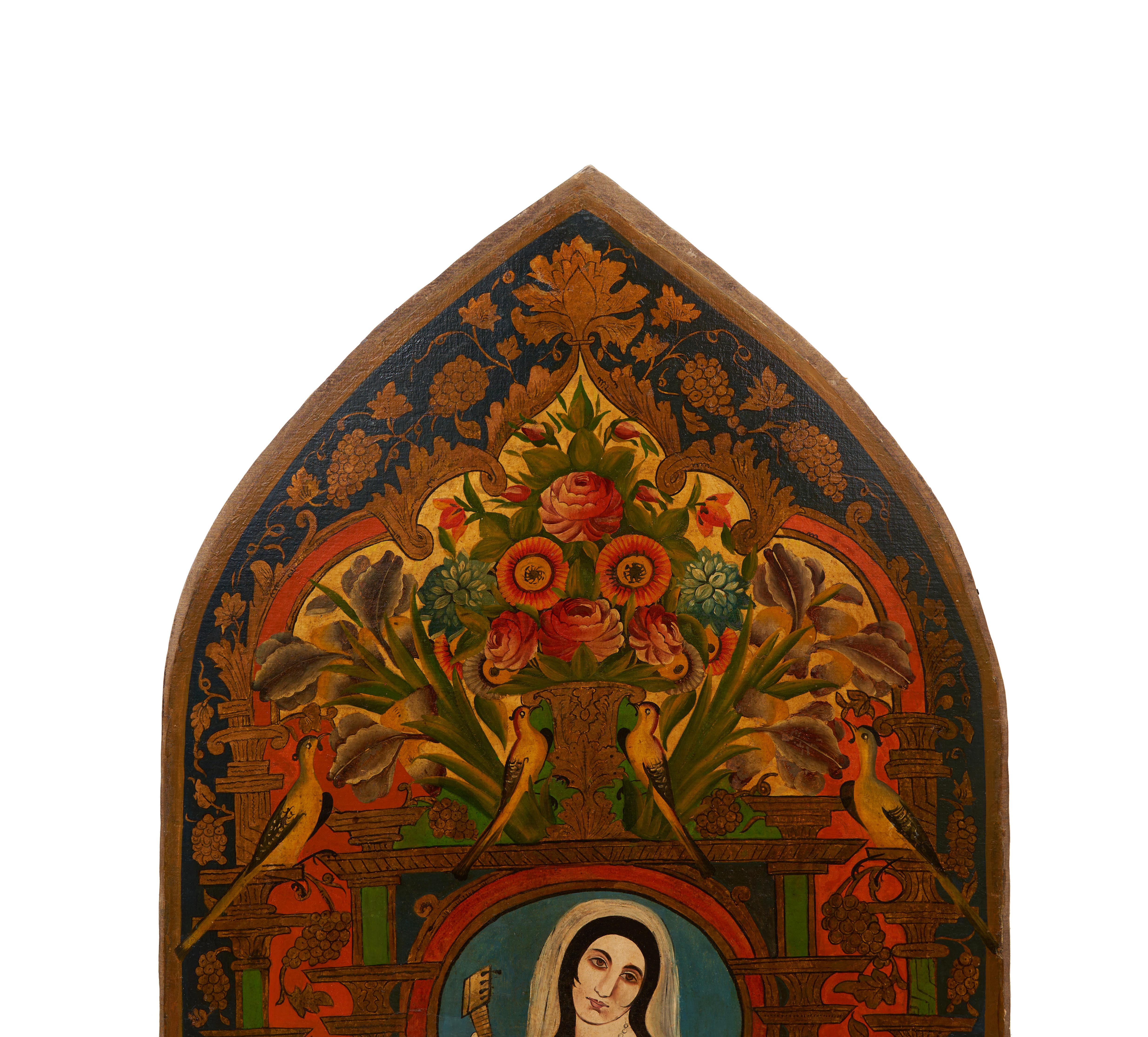 A Large Qajar Oil Painting With Female Portrait And Floral Triumph, Late 19th Ce In Good Condition For Sale In London, GB