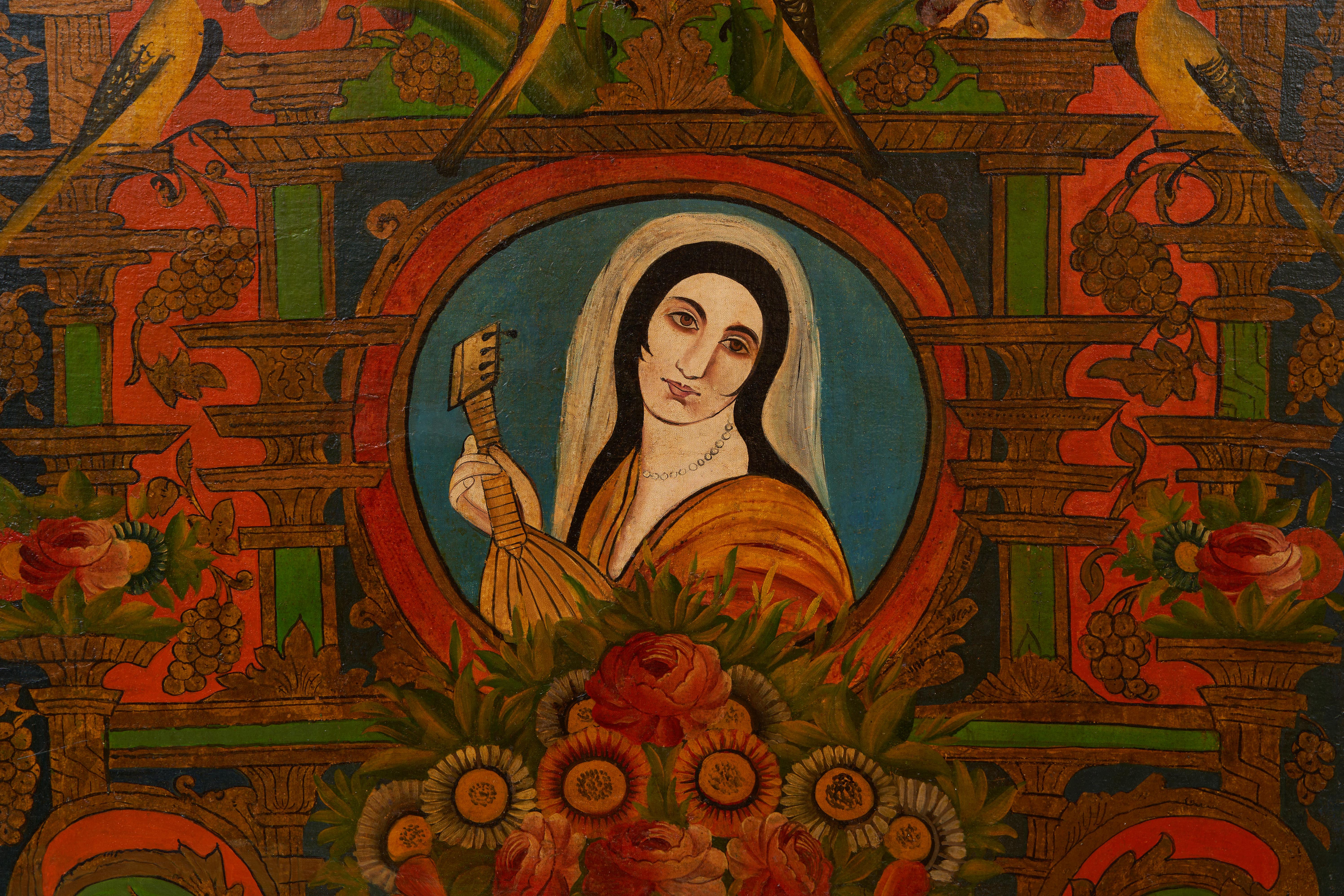 19th Century A Large Qajar Oil Painting With Female Portrait And Floral Triumph, Late 19th Ce For Sale