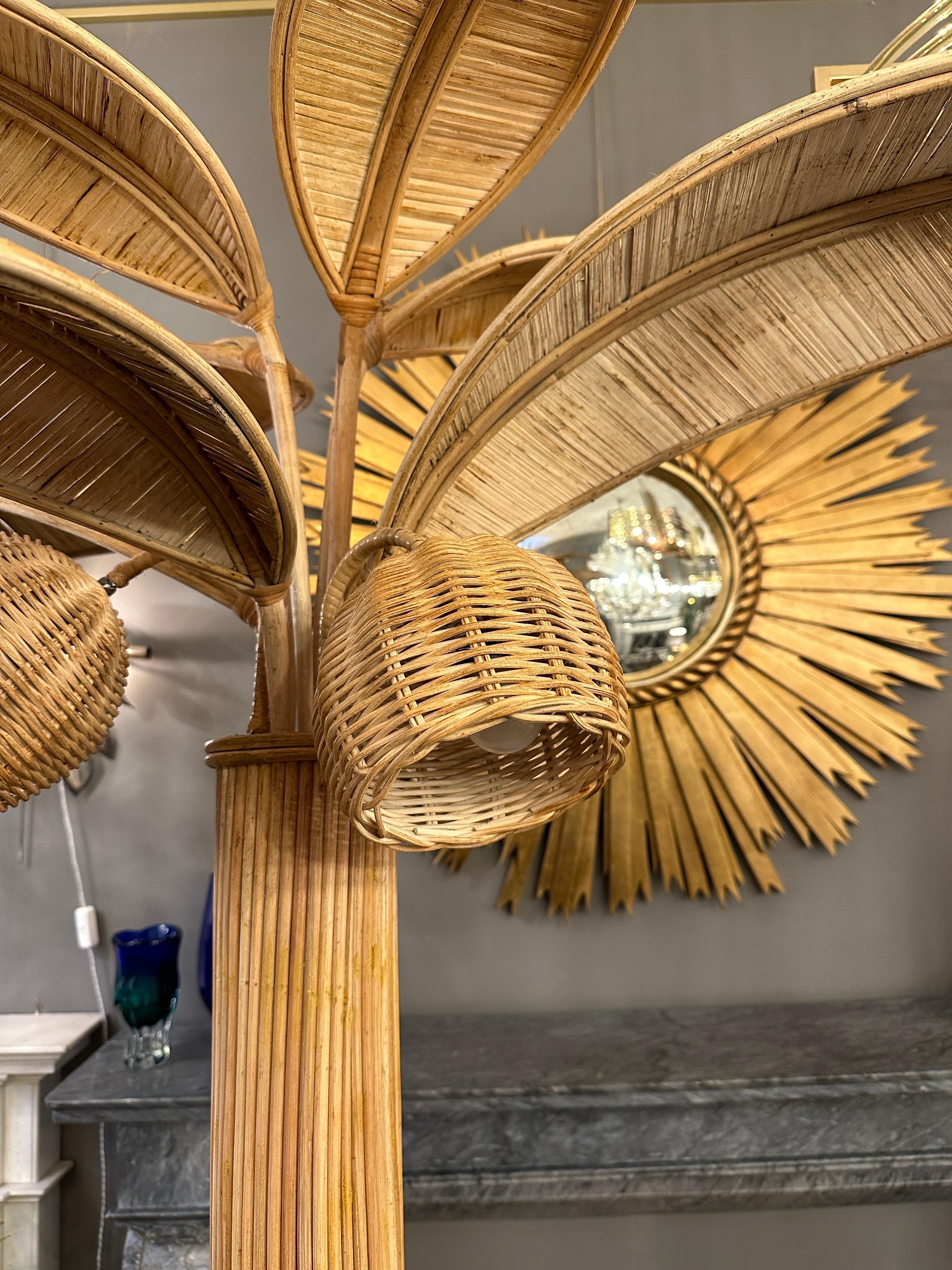 French A Large Rattan Palm Tree Floor Lamp