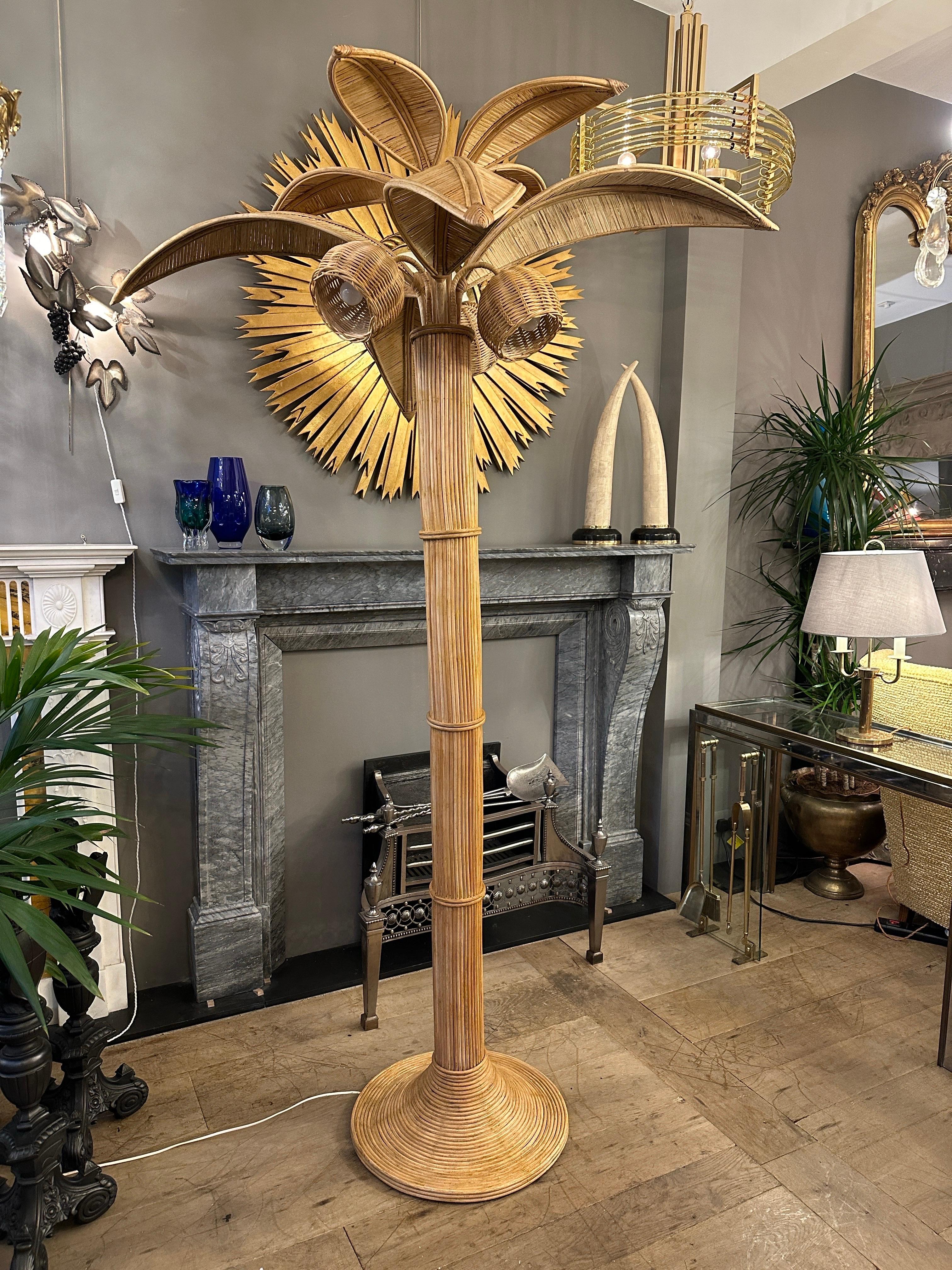 20th Century A Large Rattan Palm Tree Floor Lamp