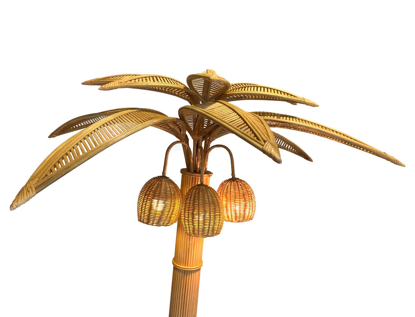Large Rattan Palm Tree Floor Light, with Three Bulbs in the Coconuts For Sale 4