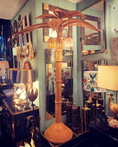 Large Rattan Palm Tree Floor Light, with Three Bulbs in the Coconuts