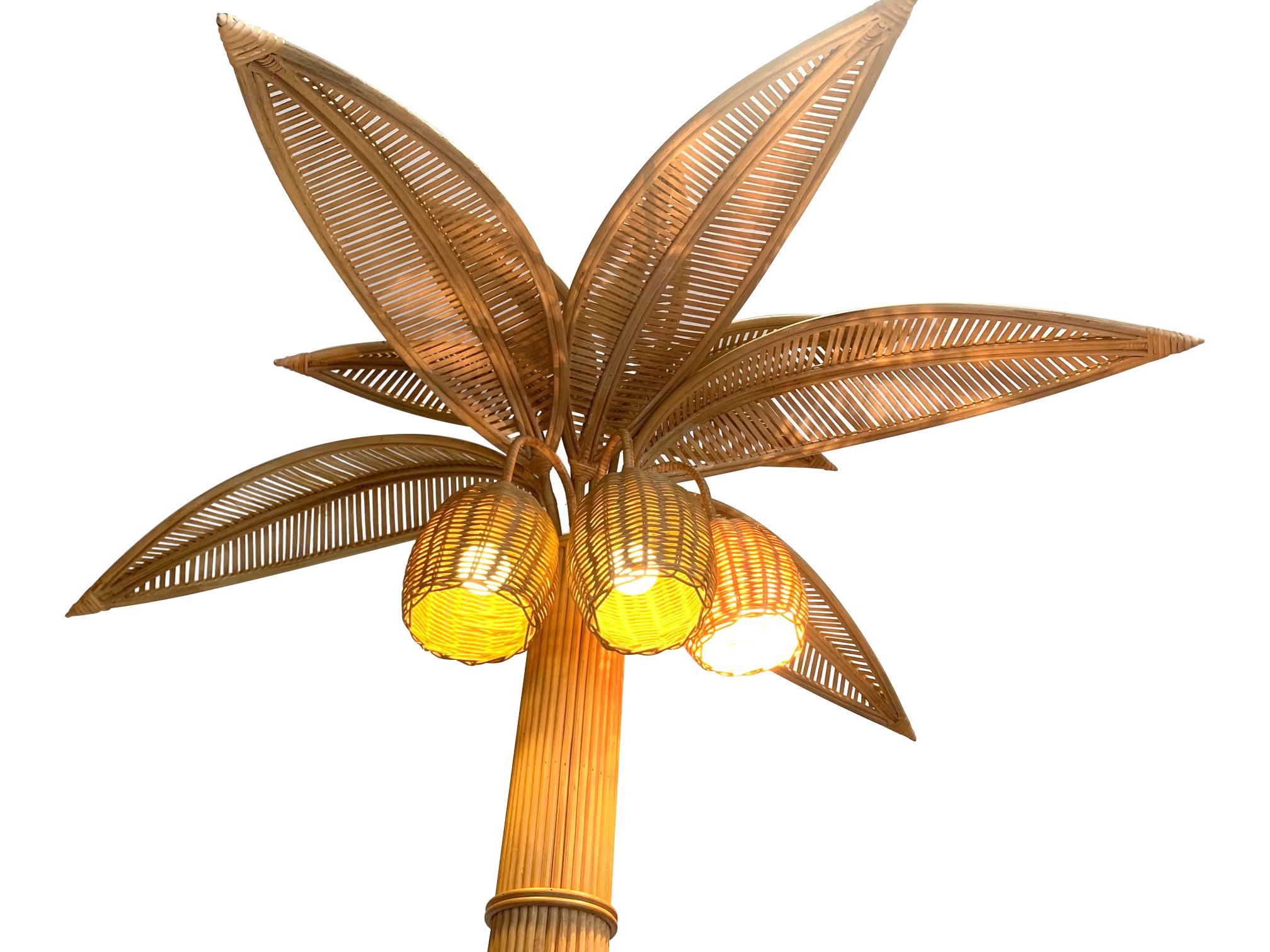 Mid-Century Modern Large Rattan Palm Tree Floor Light, with Three Bulbs in the Coconuts For Sale