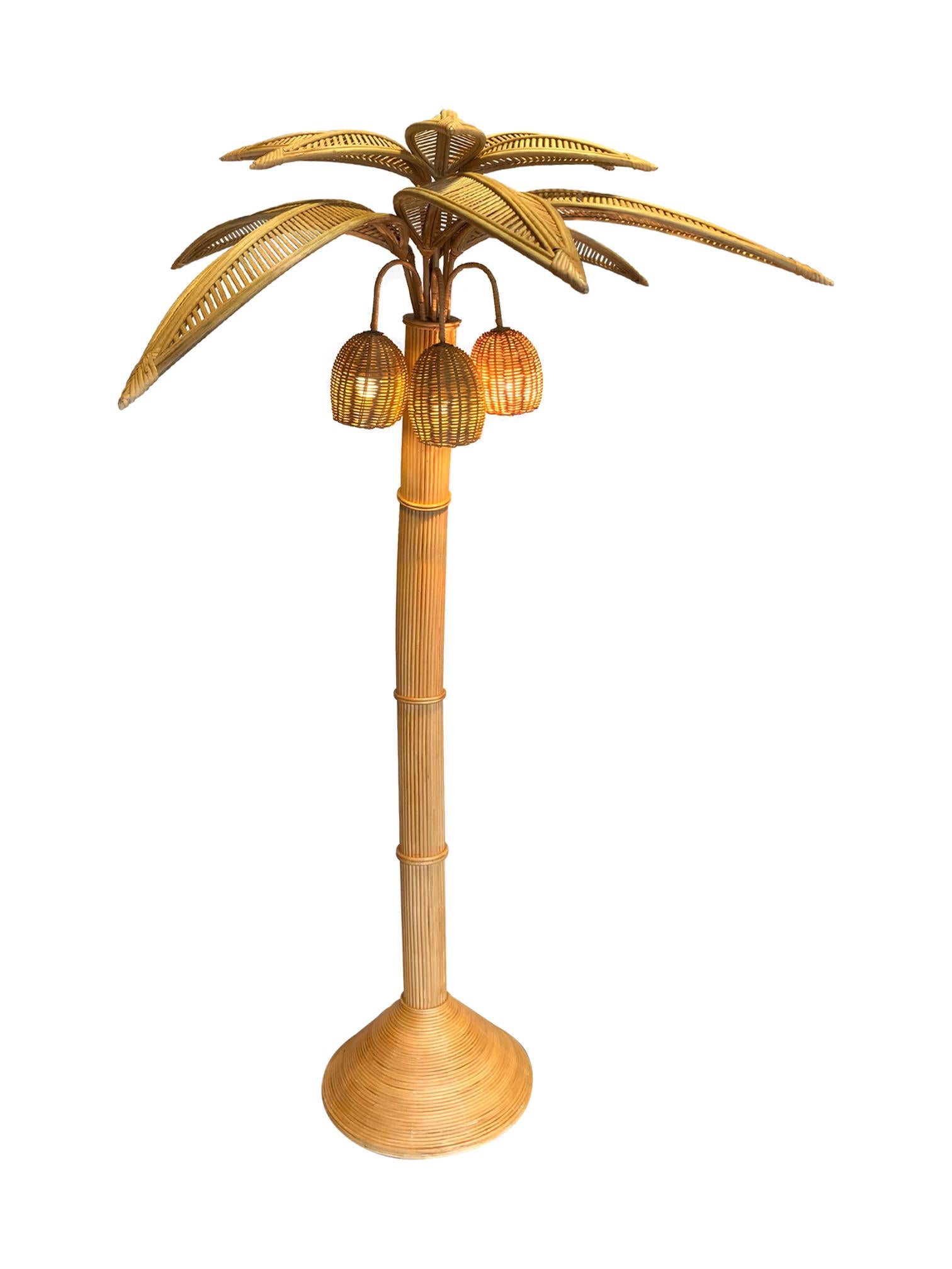 French Large Rattan Palm Tree Floor Light, with Three Bulbs in the Coconuts For Sale