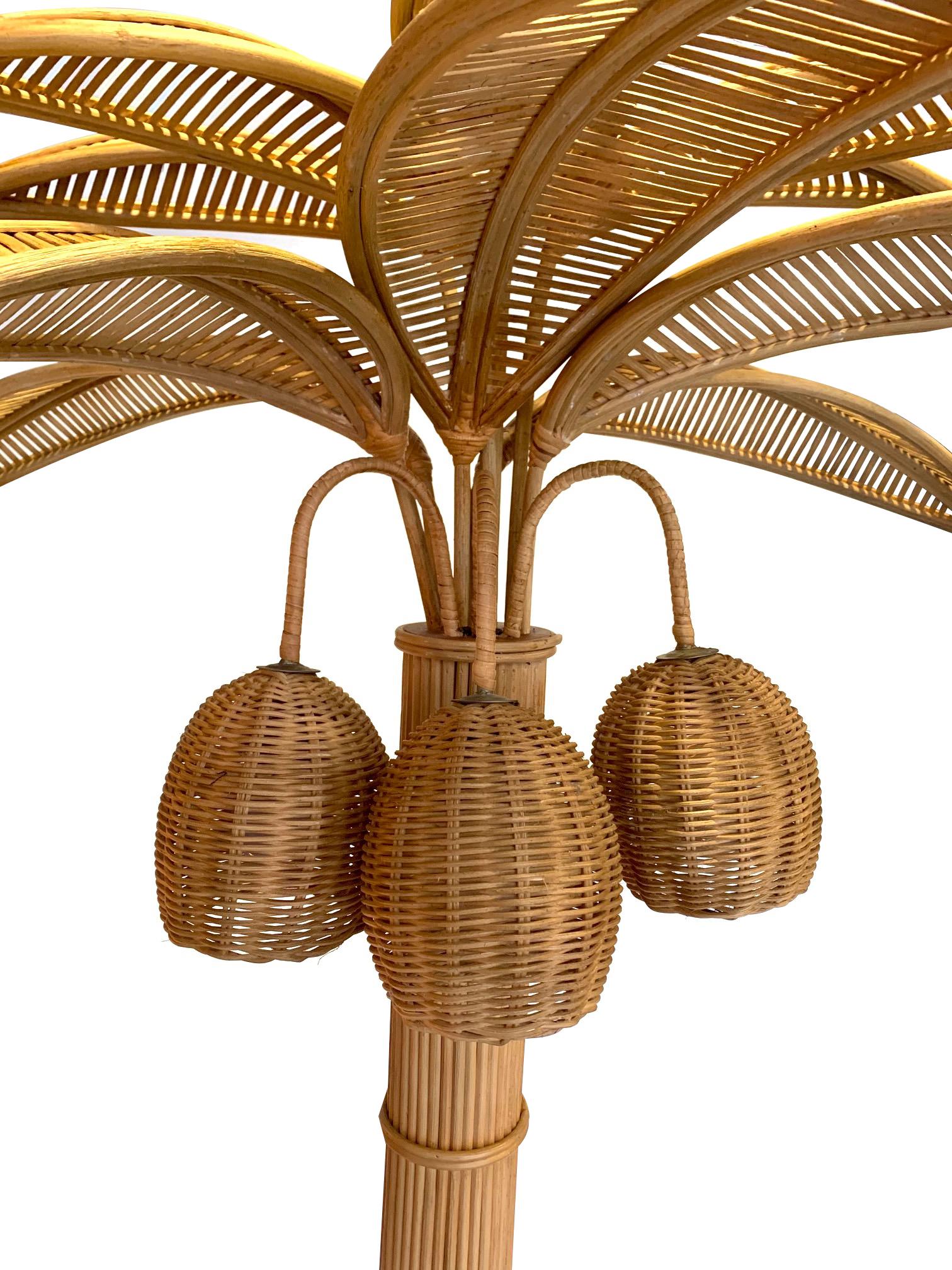 Contemporary Large Rattan Palm Tree Floor Light, with Three Bulbs in the Coconuts For Sale