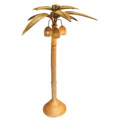Large Rattan Palm Tree Floor Light, with Three Bulbs in the Coconuts