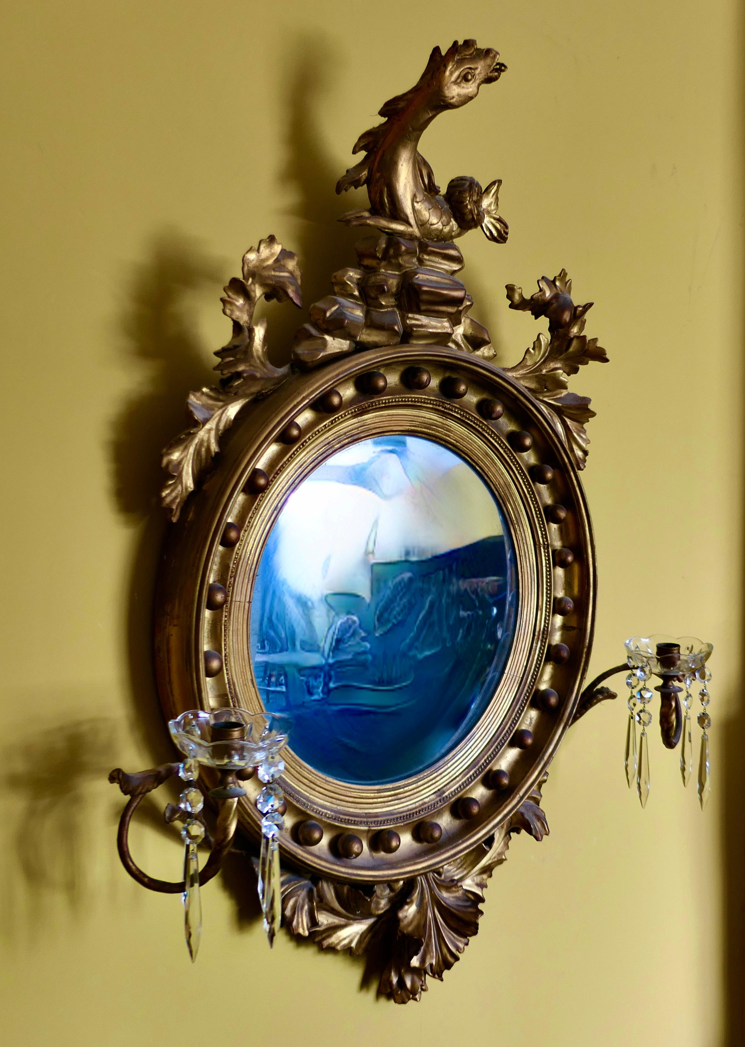 A Large Regency Convex Gilt Girandole Wall Mirror     In Good Condition In Chillerton, Isle of Wight
