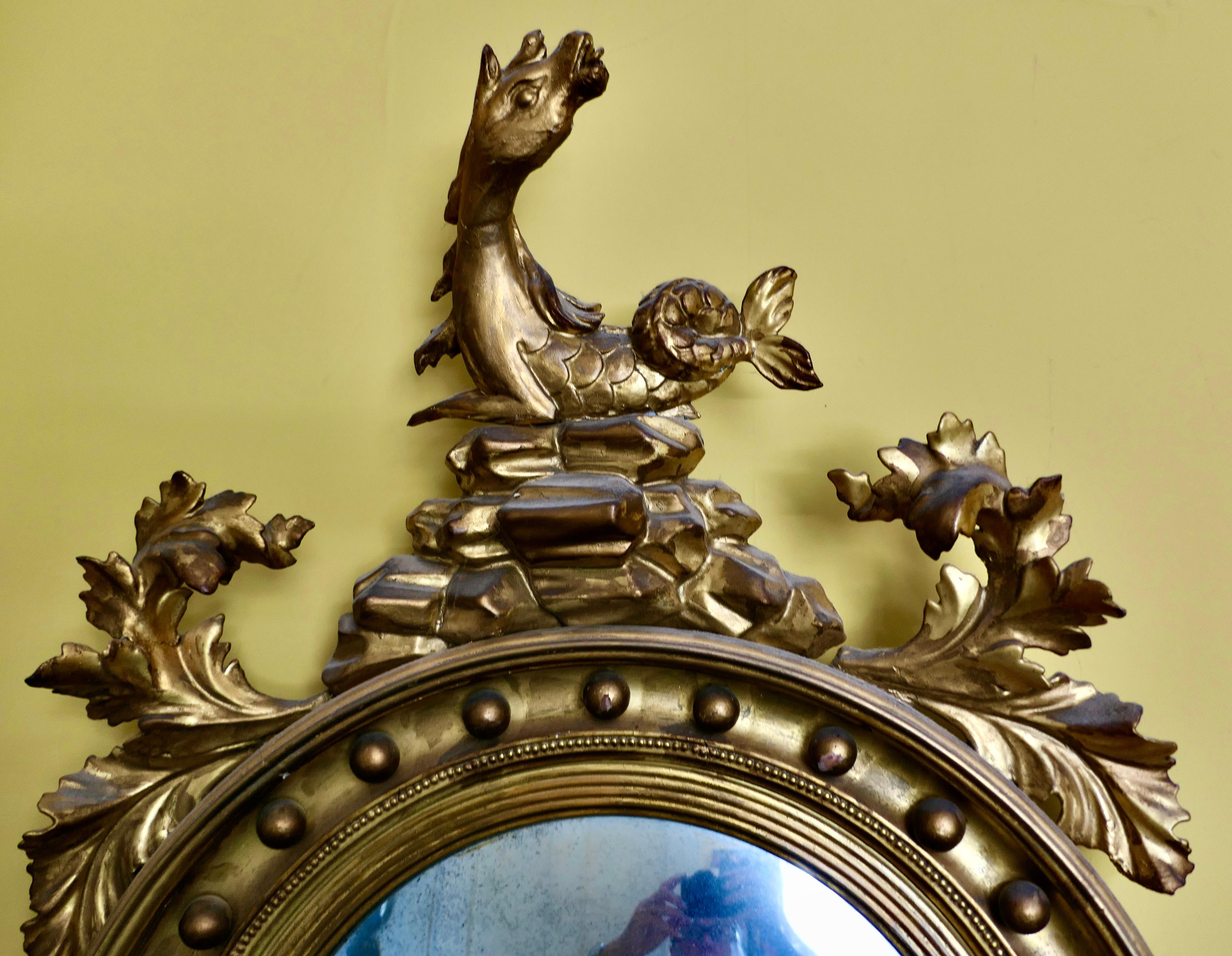 Early 19th Century A Large Regency Convex Gilt Girandole Wall Mirror    