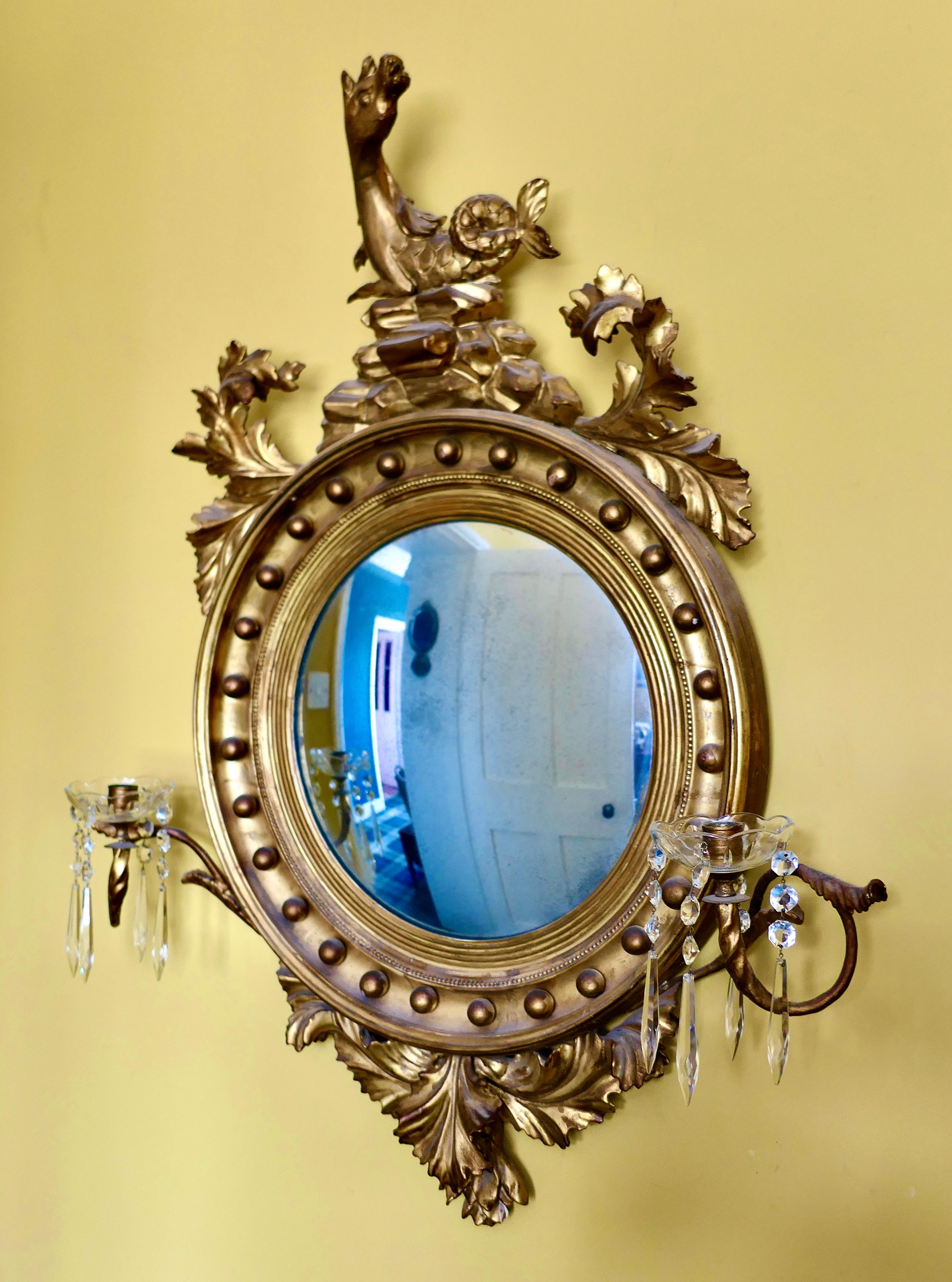A Large Regency Convex Gilt Girandole Wall Mirror     2