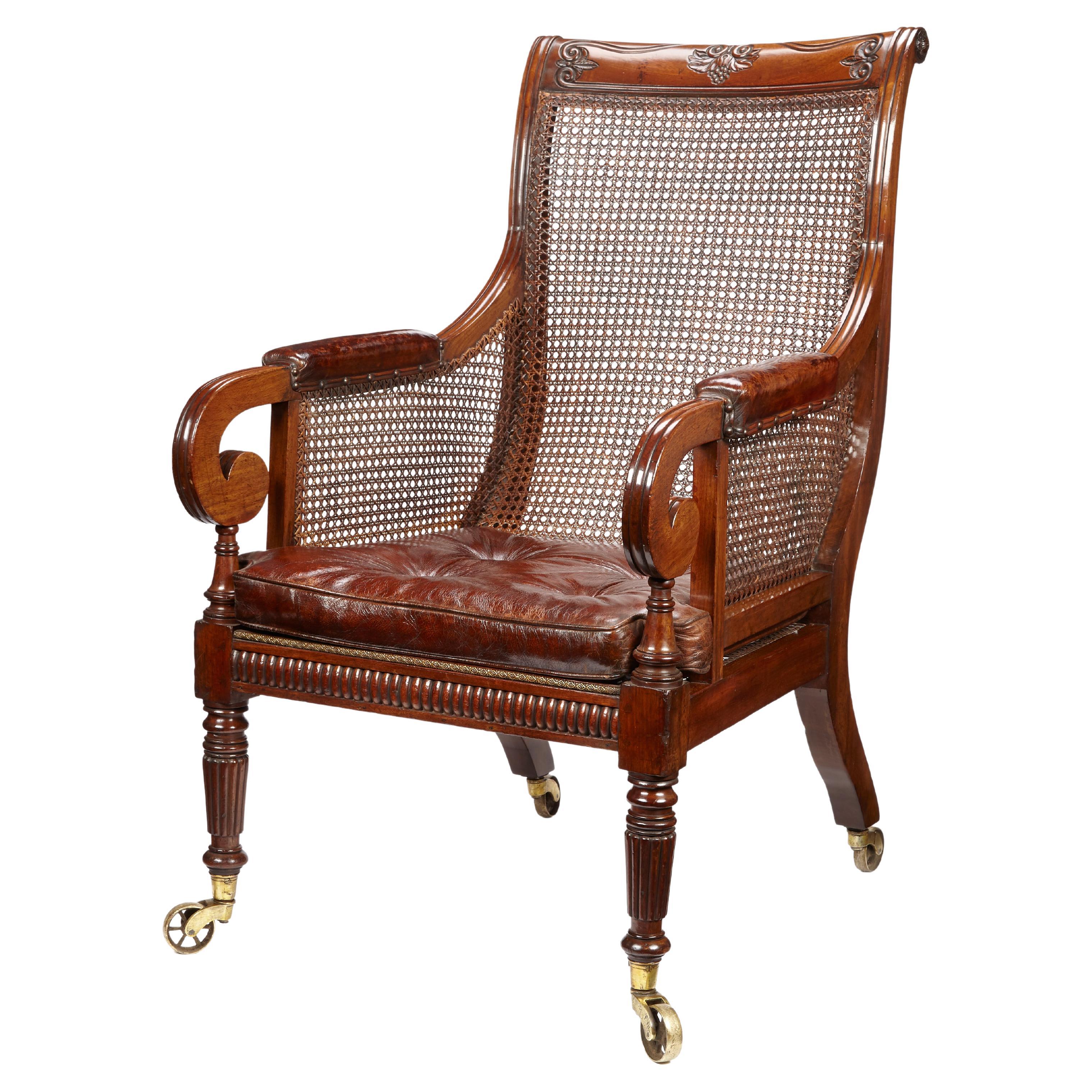 Large Regency Period Mahogany Library Bergere Chair