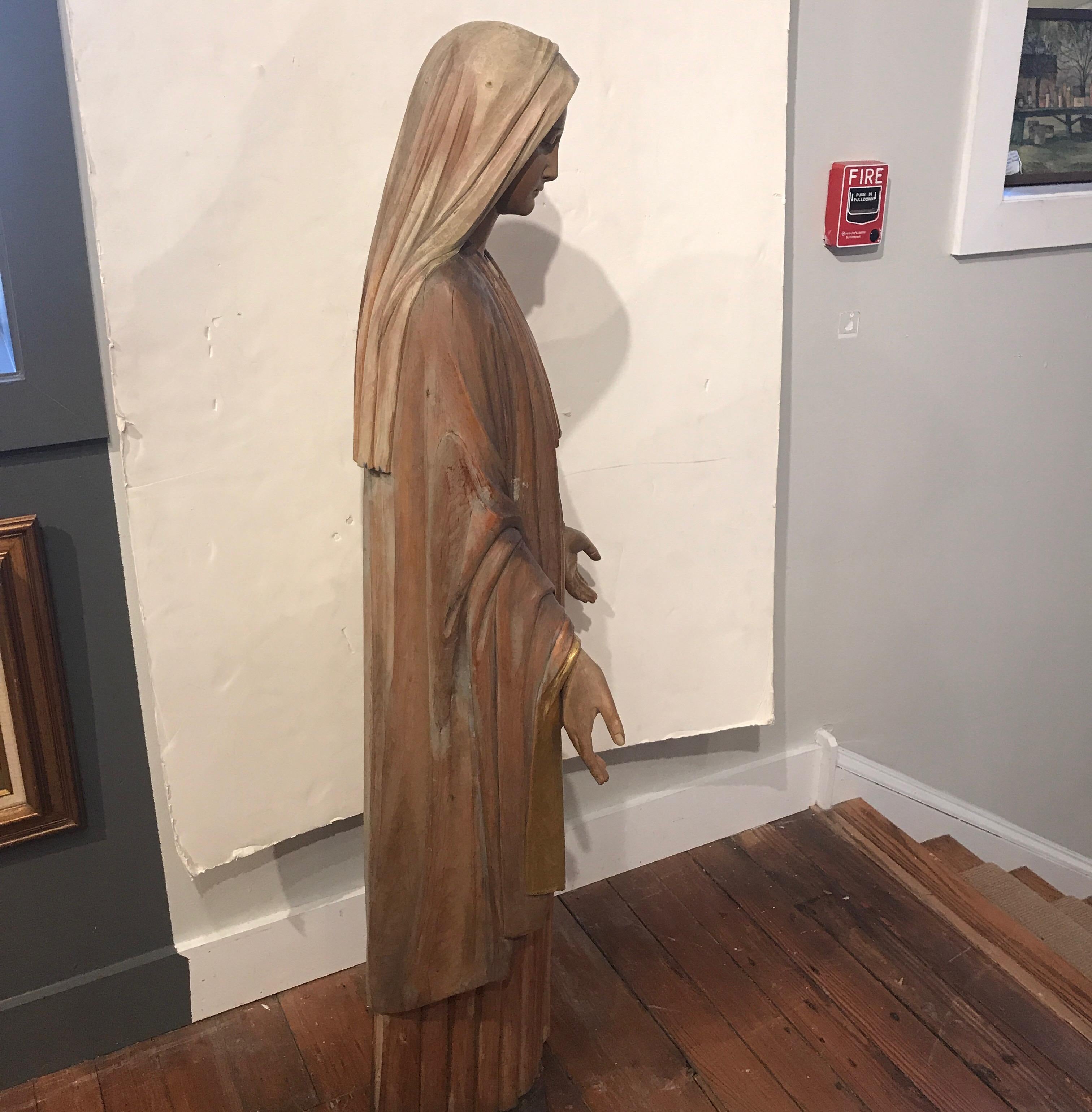 Hand-Carved Large Religious Had Carved Statue of Virgin Mary