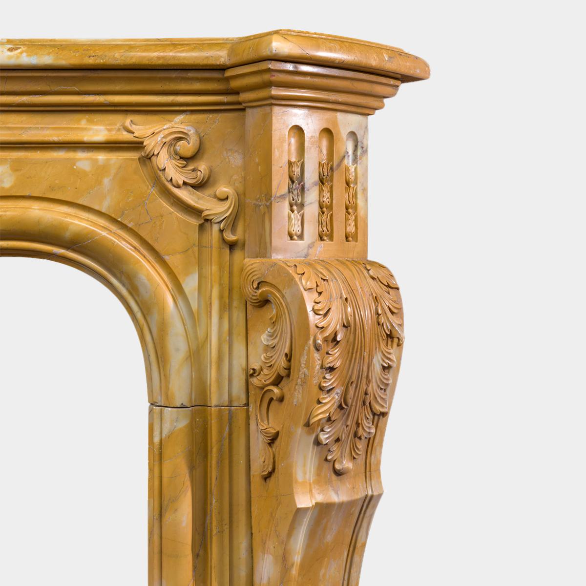 French A Large Rococo Carved Siena Marble Fireplace Mantel For Sale