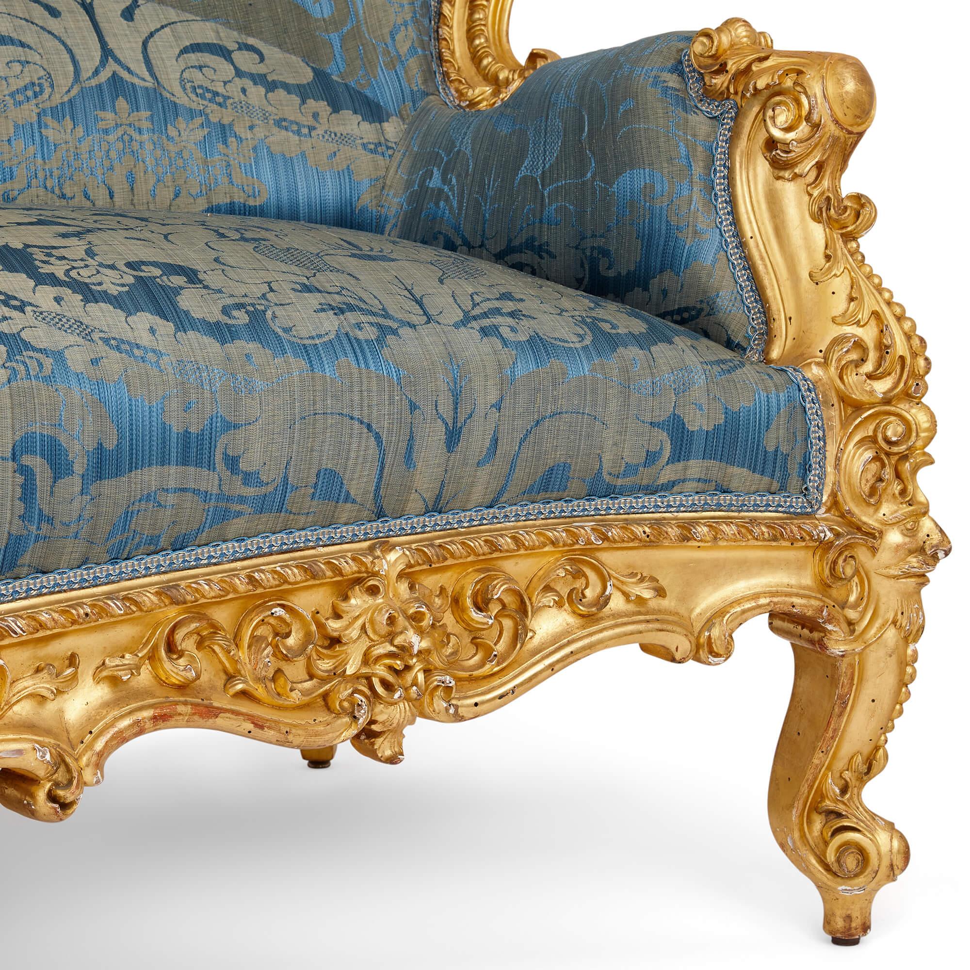French Large Rococo Revival Carved Giltwood Sofa For Sale