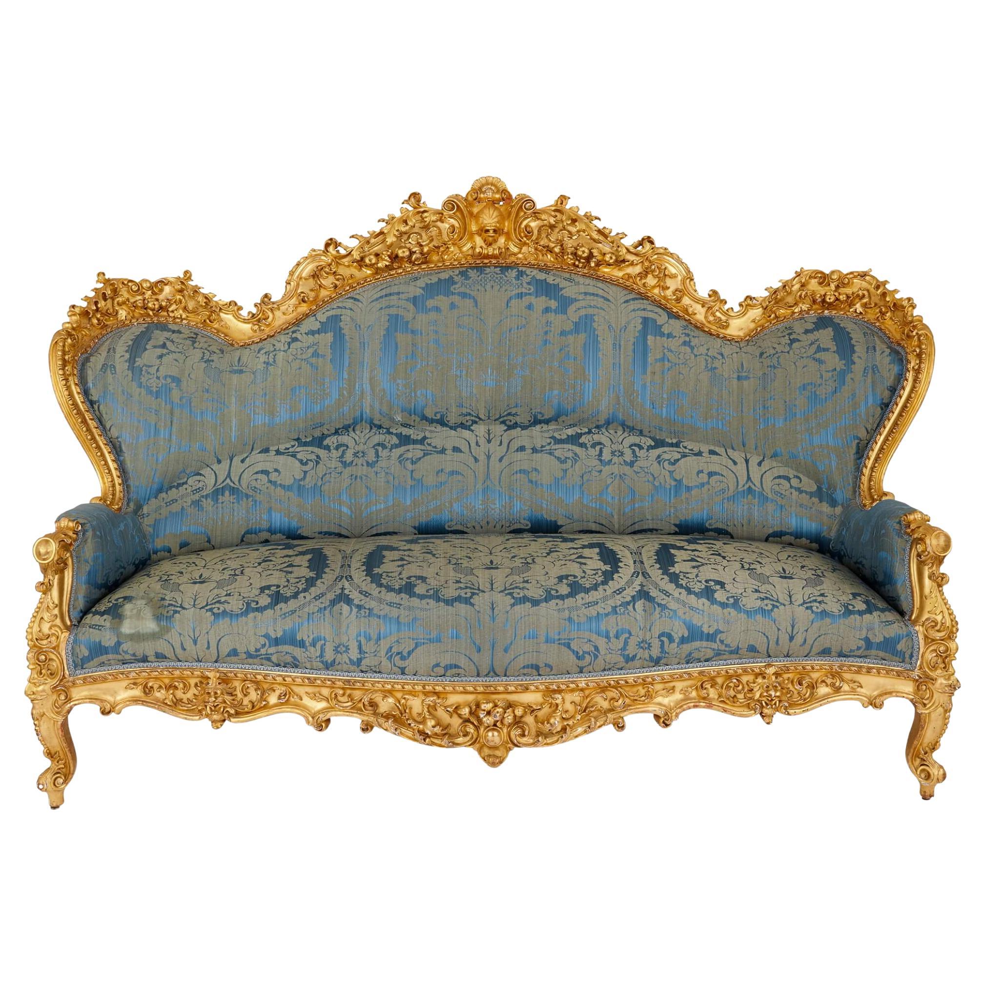 Large Rococo Revival Carved Giltwood Sofa