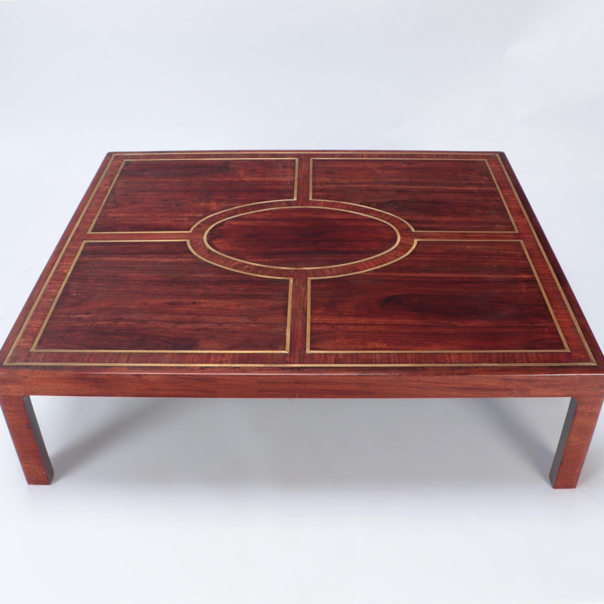 Large Rosewood and Brass Inlaid Brazilian Coffee Table, C 1975 In Good Condition For Sale In Philadelphia, PA