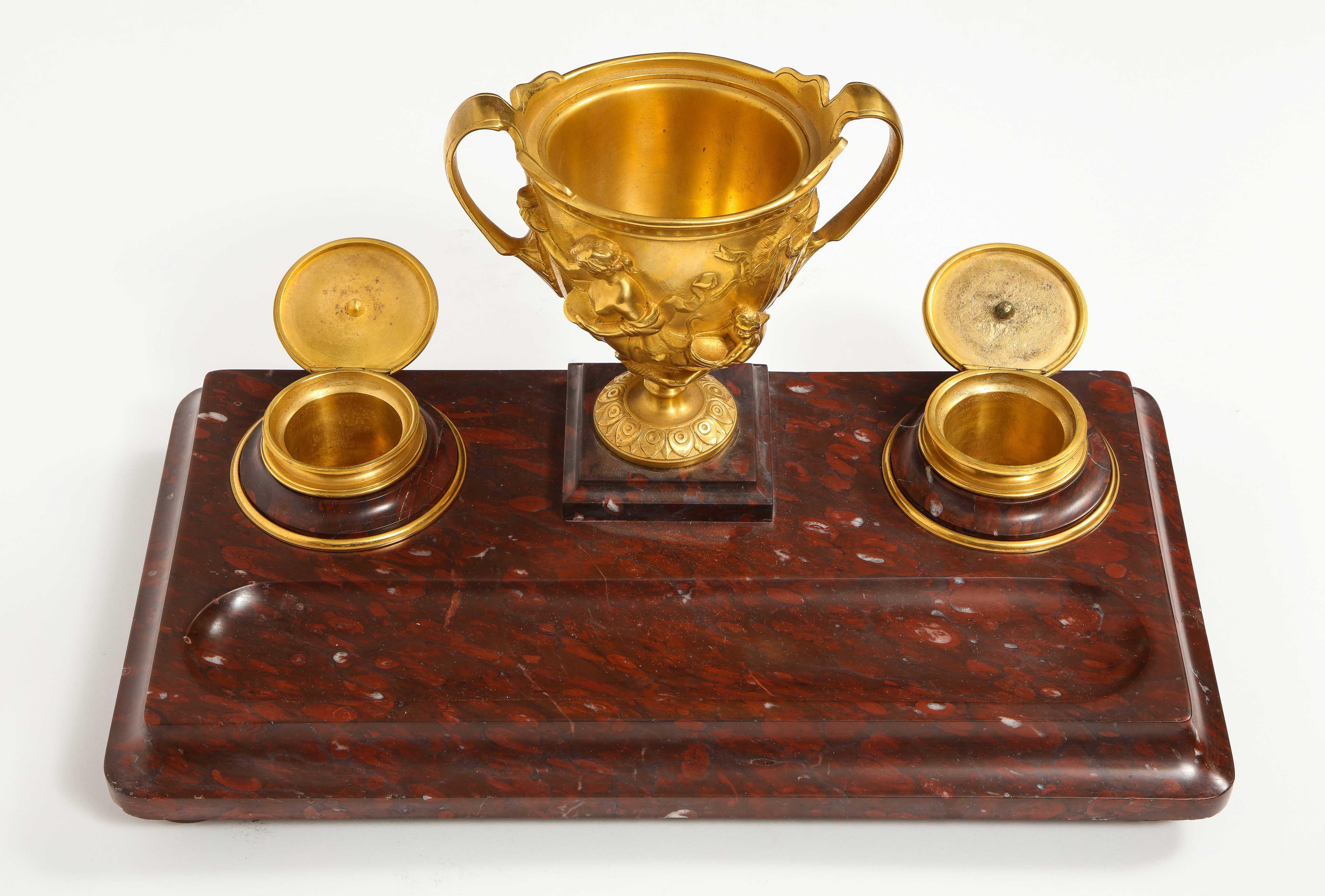 Large Rouge Marble and Gilt Bronze Inkwell Encrier, Attributed to Barbedienne 4