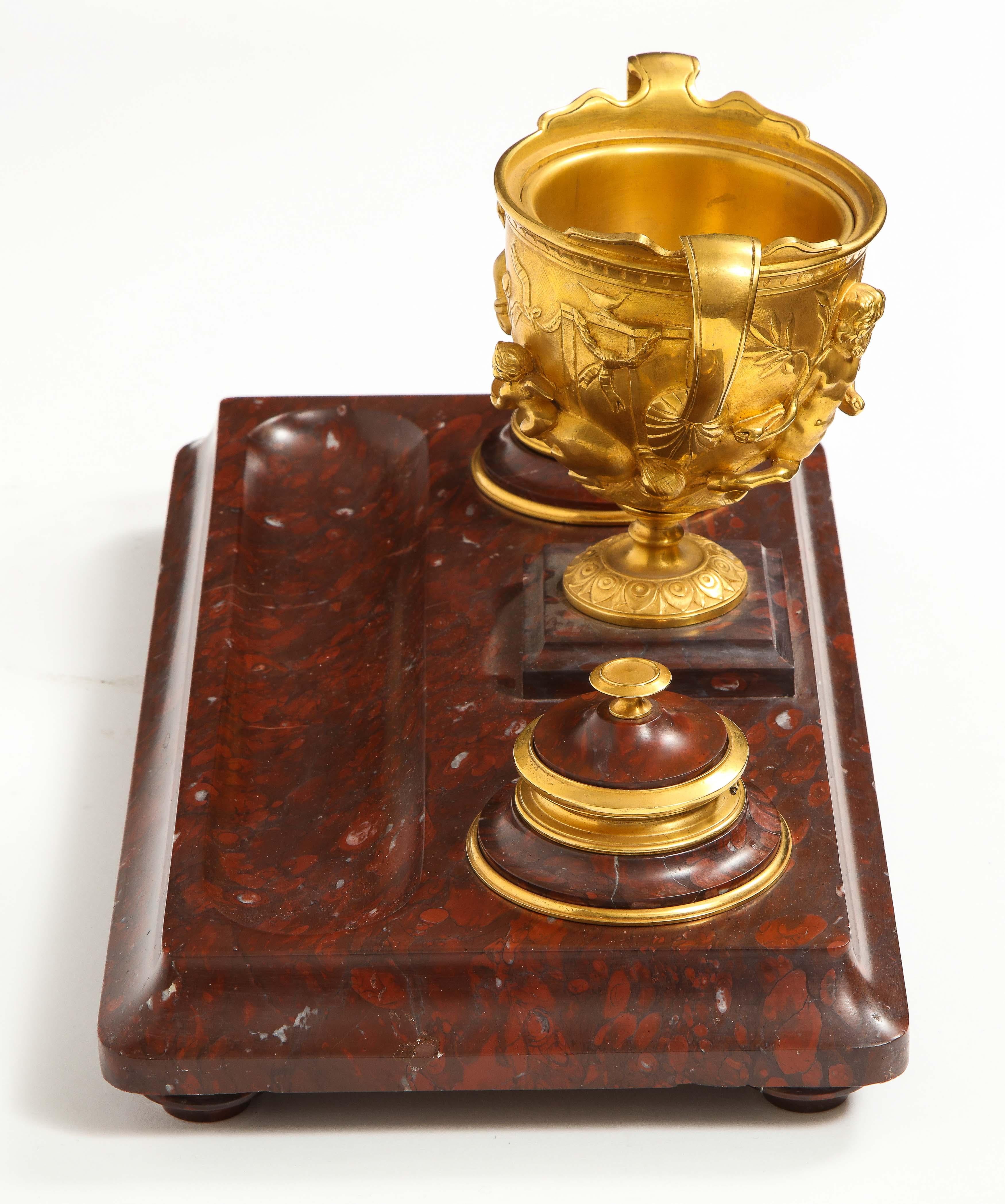 Large Rouge Marble and Gilt Bronze Inkwell Encrier, Attributed to Barbedienne 5