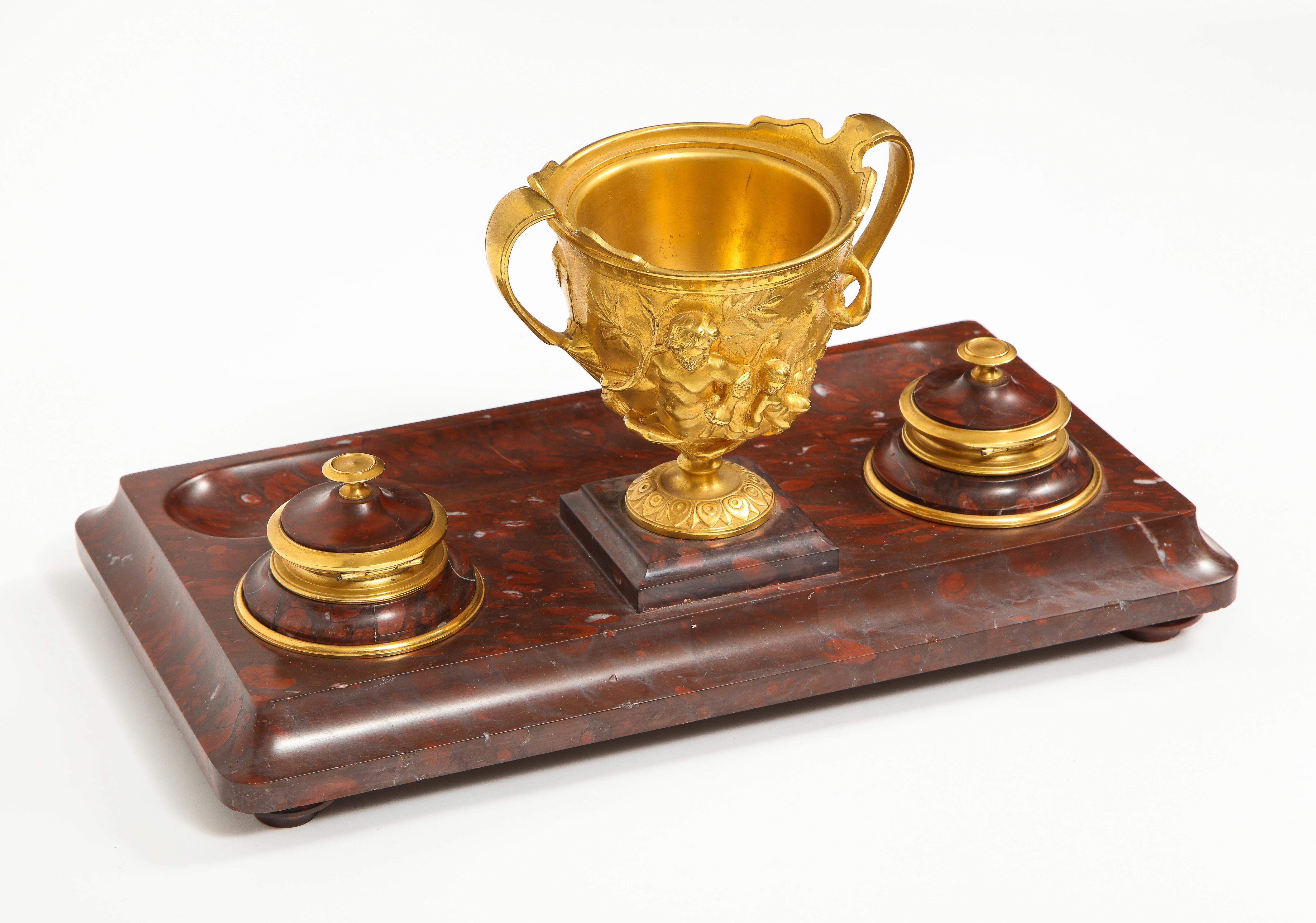 Large Rouge Marble and Gilt Bronze Inkwell Encrier, Attributed to Barbedienne 6