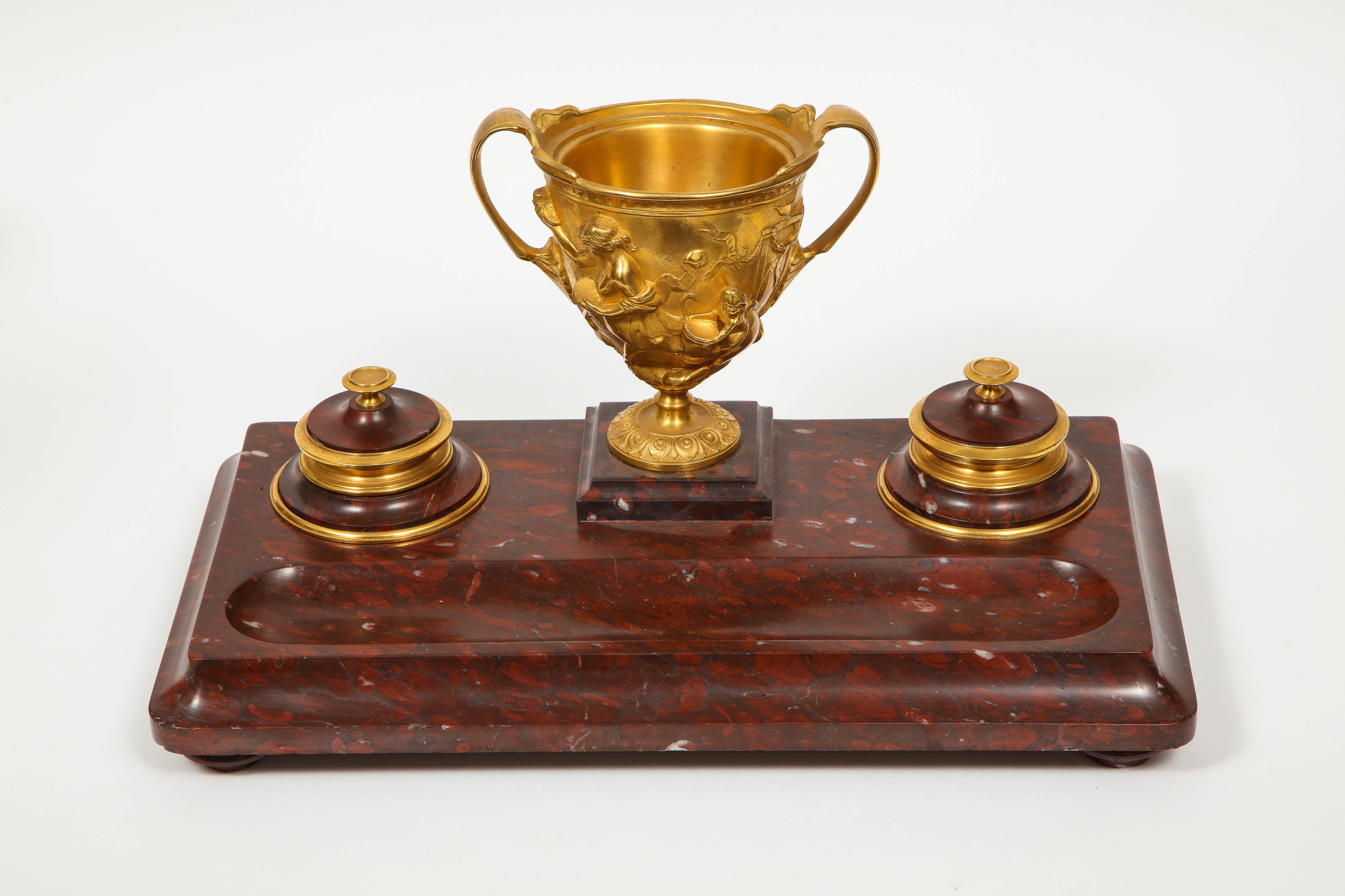 Napoleon III Large Rouge Marble and Gilt Bronze Inkwell Encrier, Attributed to Barbedienne